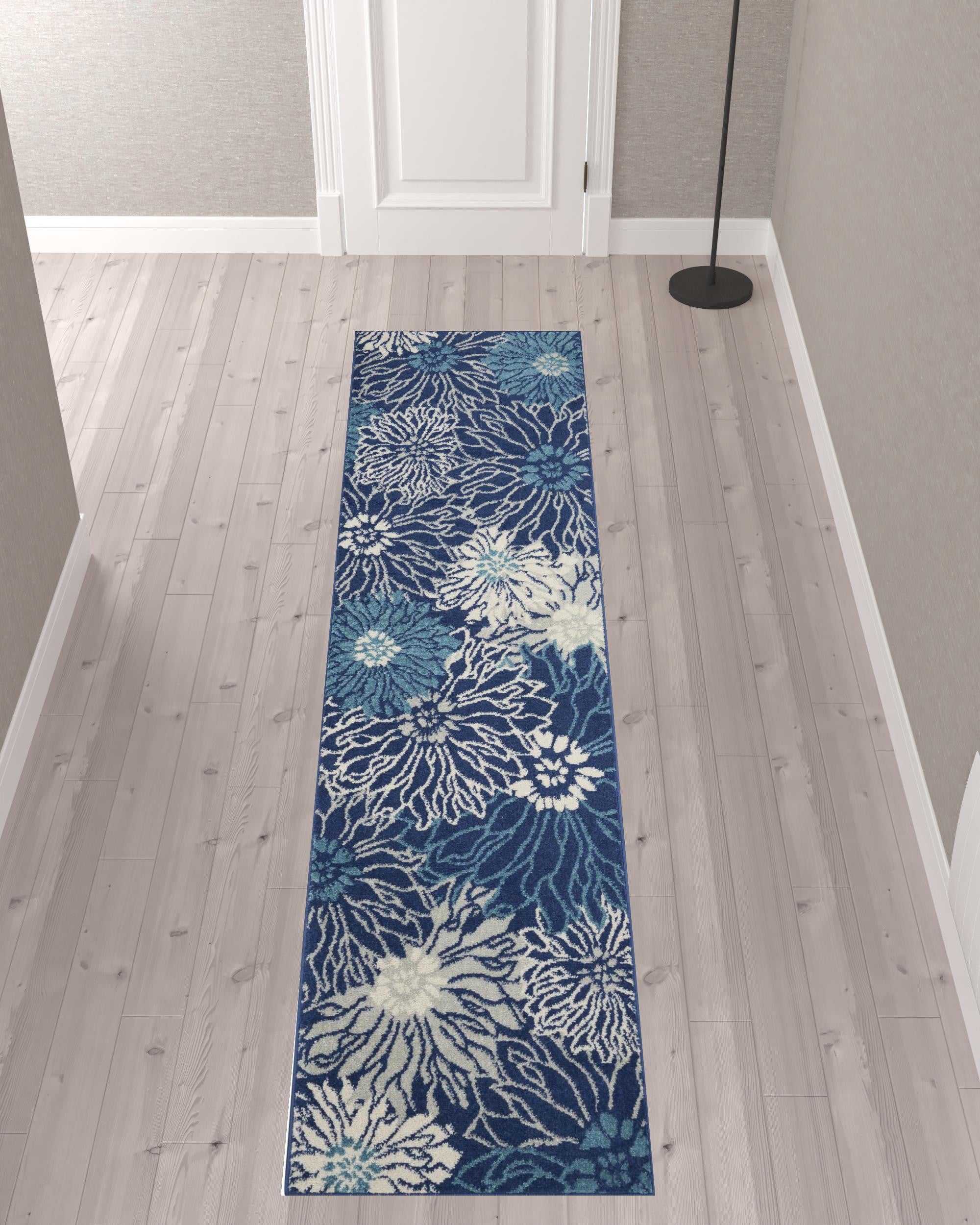 10' Navy Blue Floral Power Loom Runner Rug