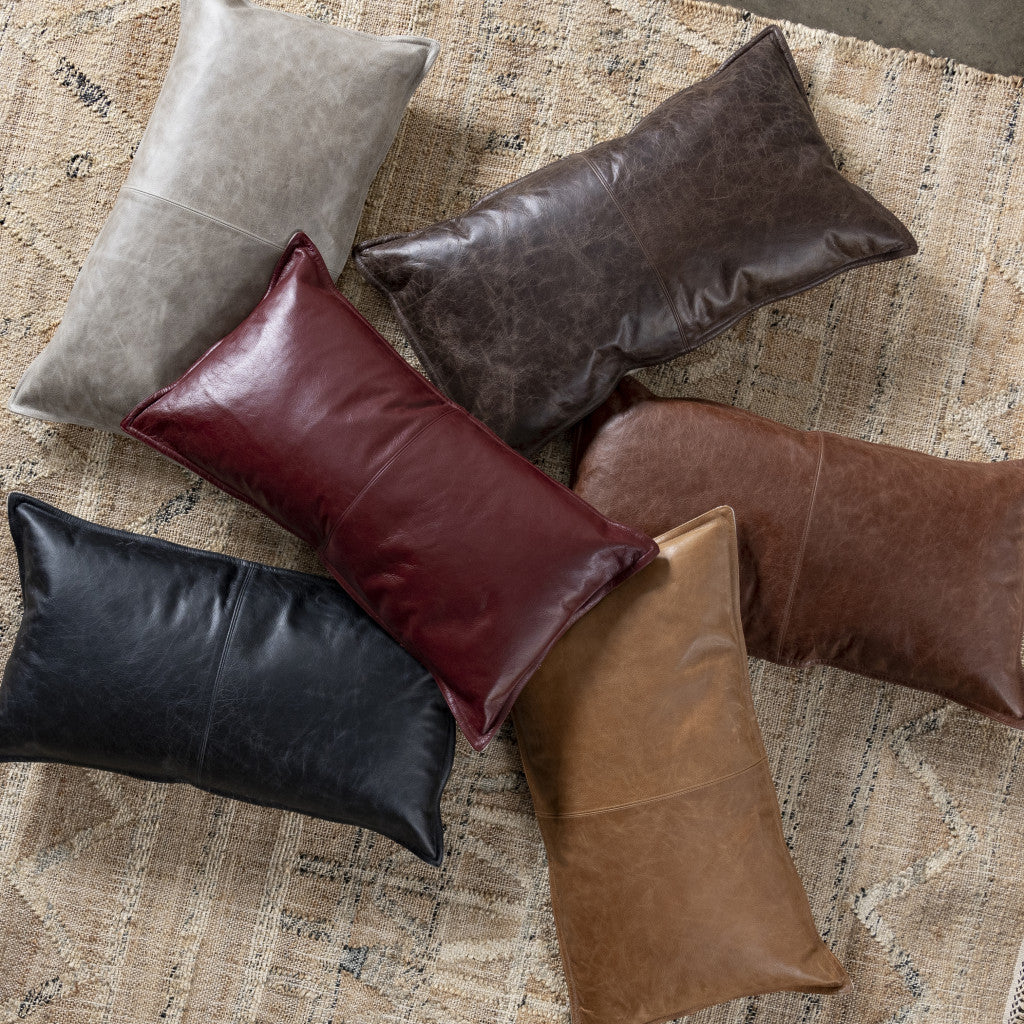 14" X 26" Brown Leather Zippered Pillow