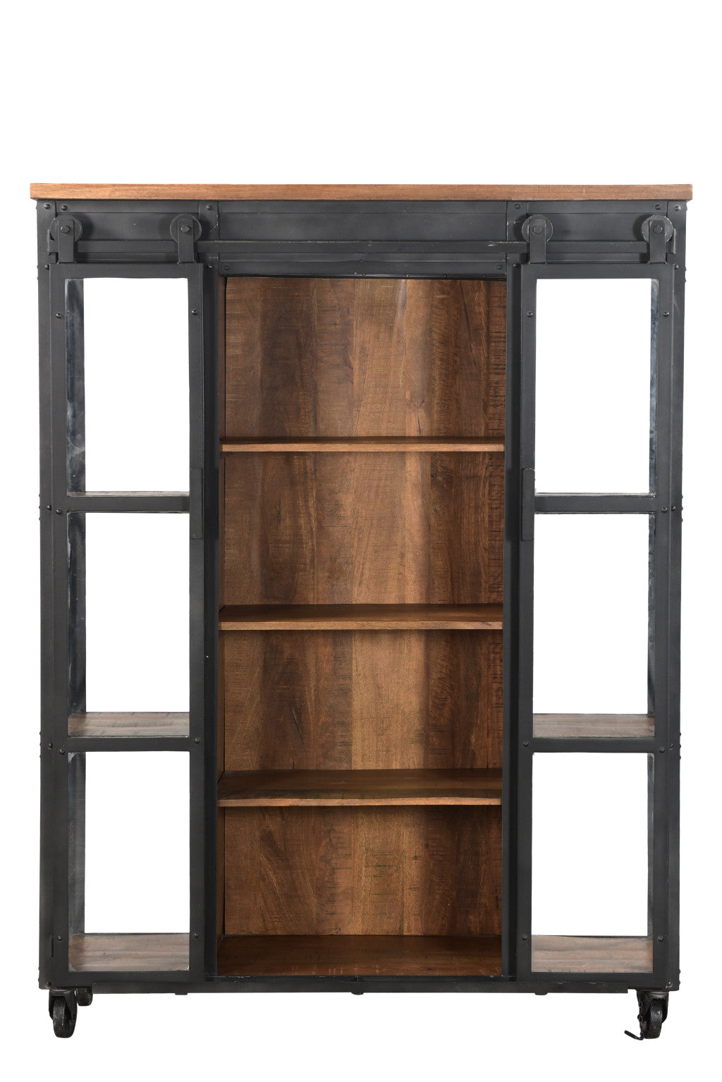 73" Brown Metal And Solid Wood Six Tier Standard Bookcase With Two Doors