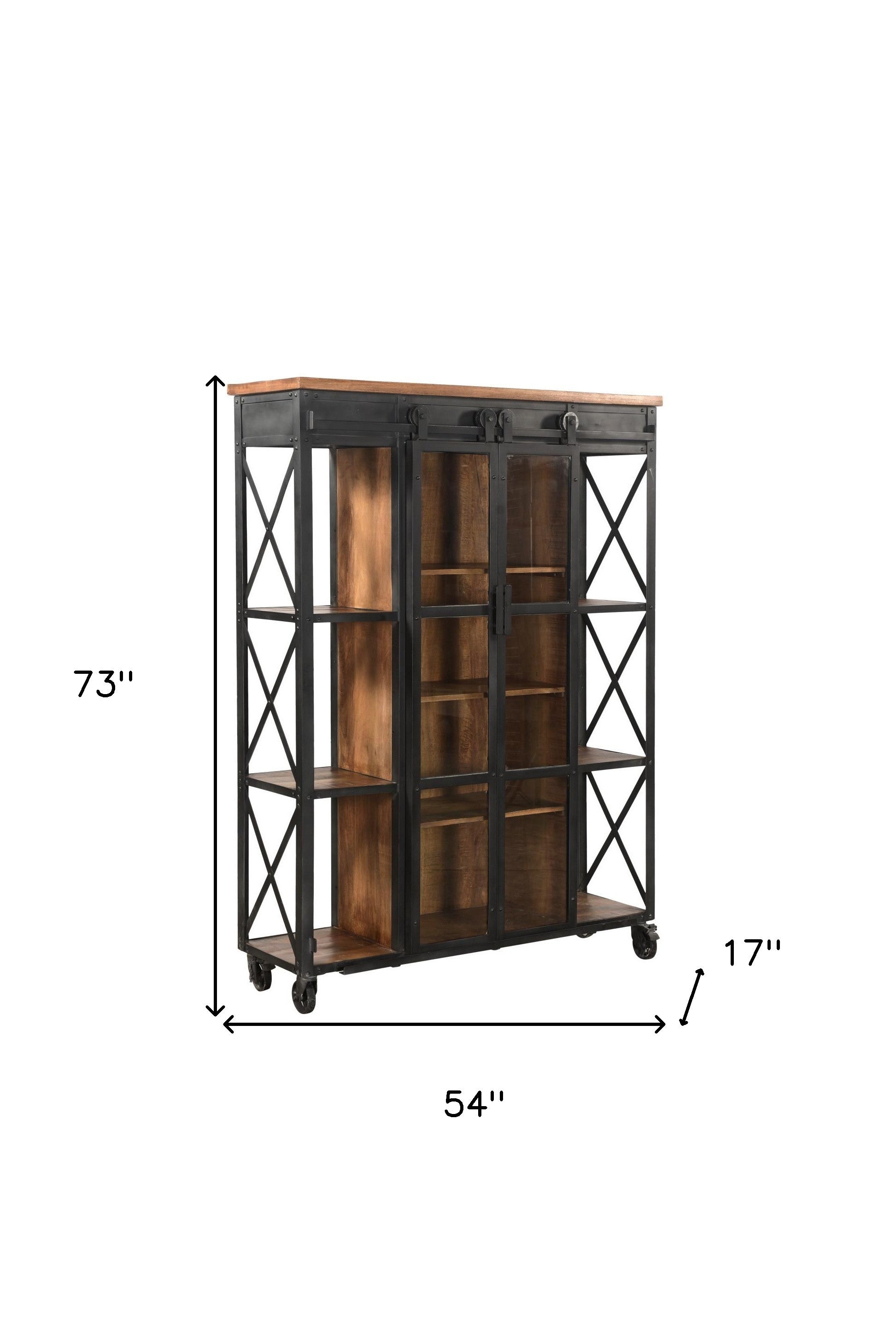 73" Brown Metal And Solid Wood Six Tier Standard Bookcase With Two Doors