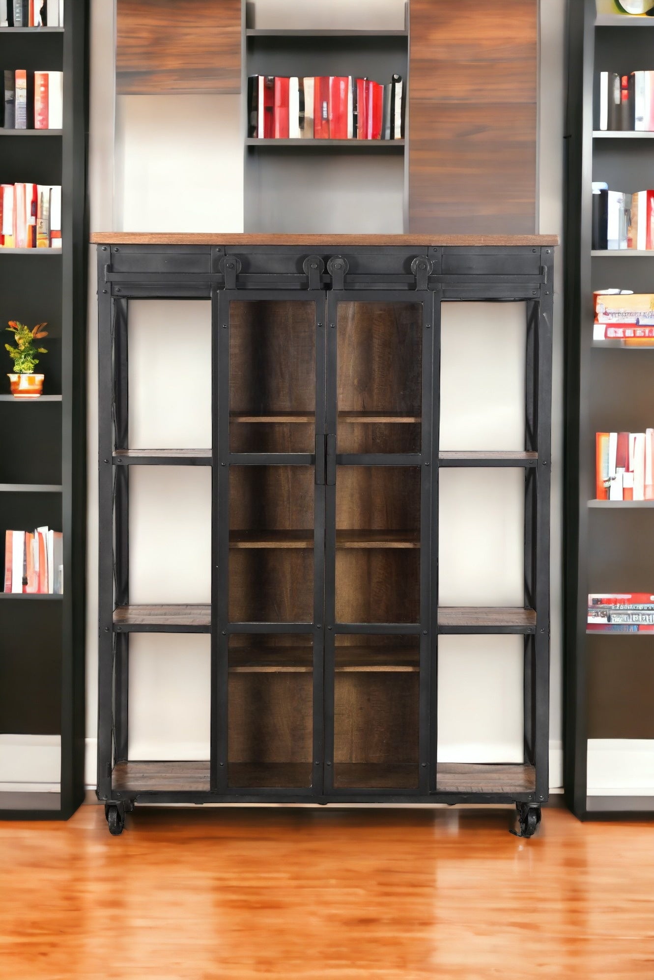 73" Brown Metal And Solid Wood Six Tier Standard Bookcase With Two Doors