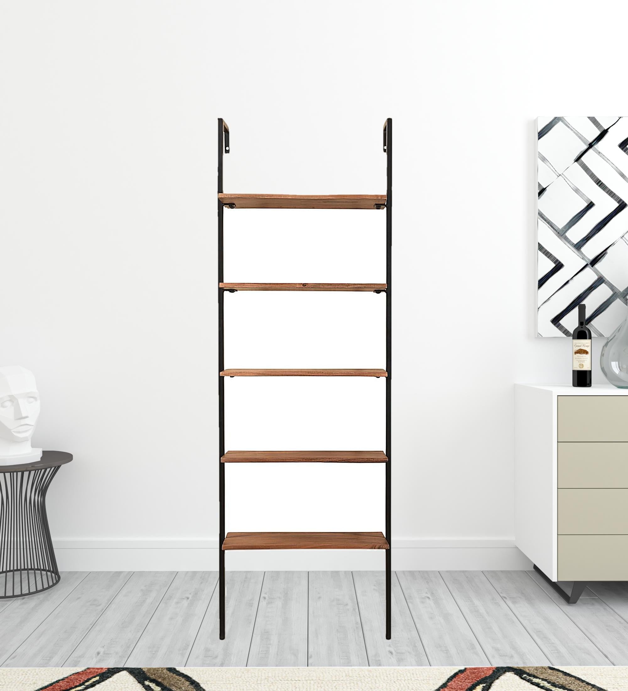 72" Brown Metal And Solid Wood Five Tier Ladder Bookcase