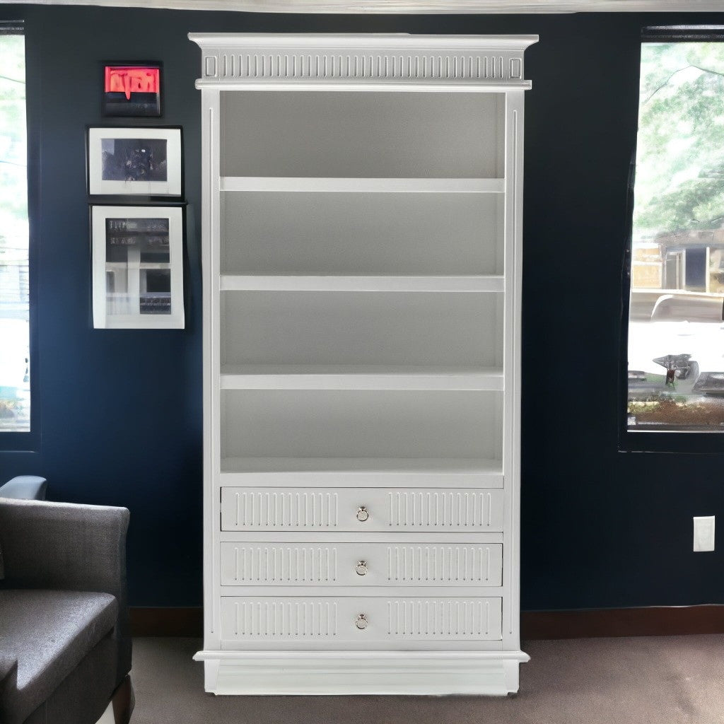 75" Antiqued White Solid Wood Four Tier Standard Bookcase With Three Drawers