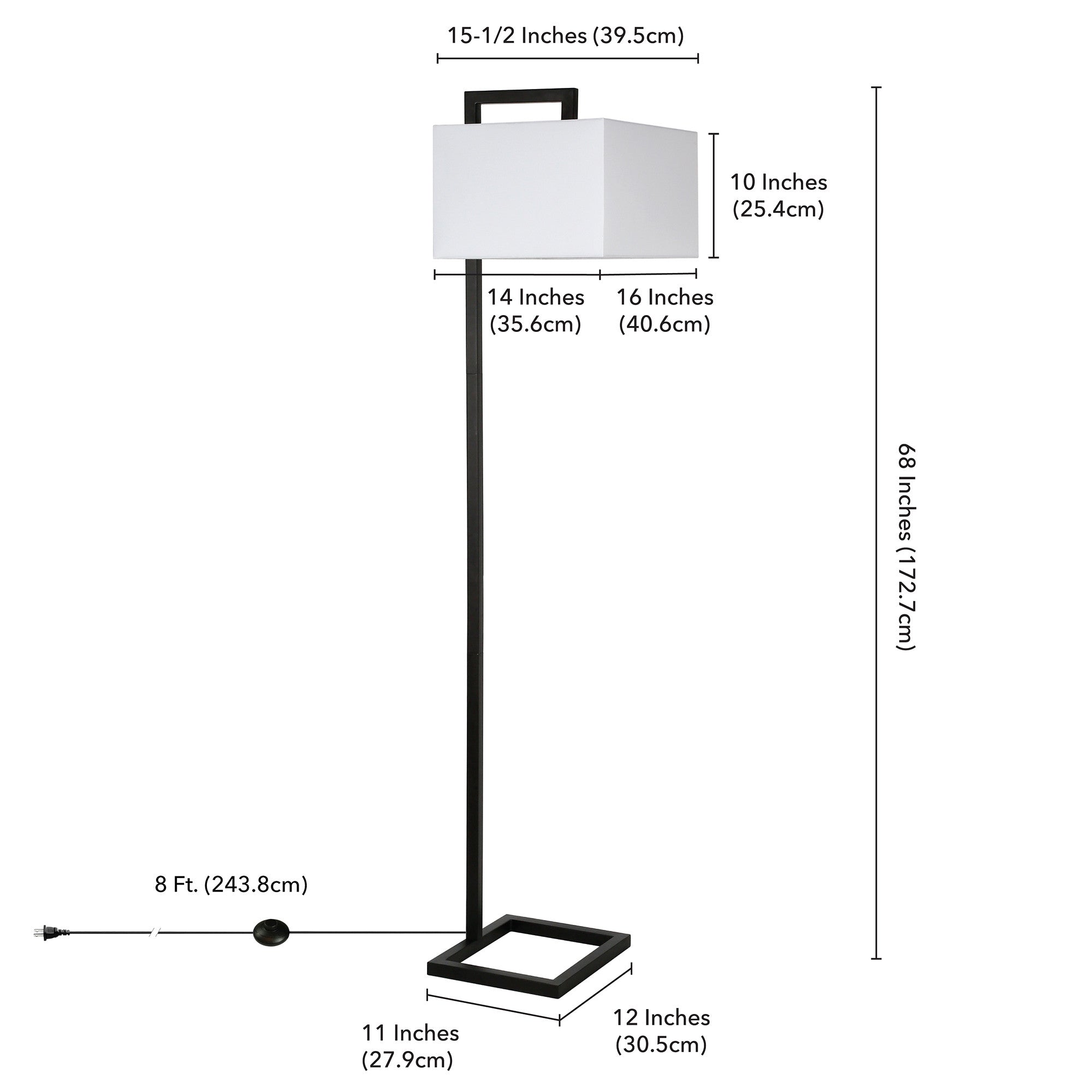 68" Black Traditional Shaped Floor Lamp With White Frosted Glass Rectangular Shade