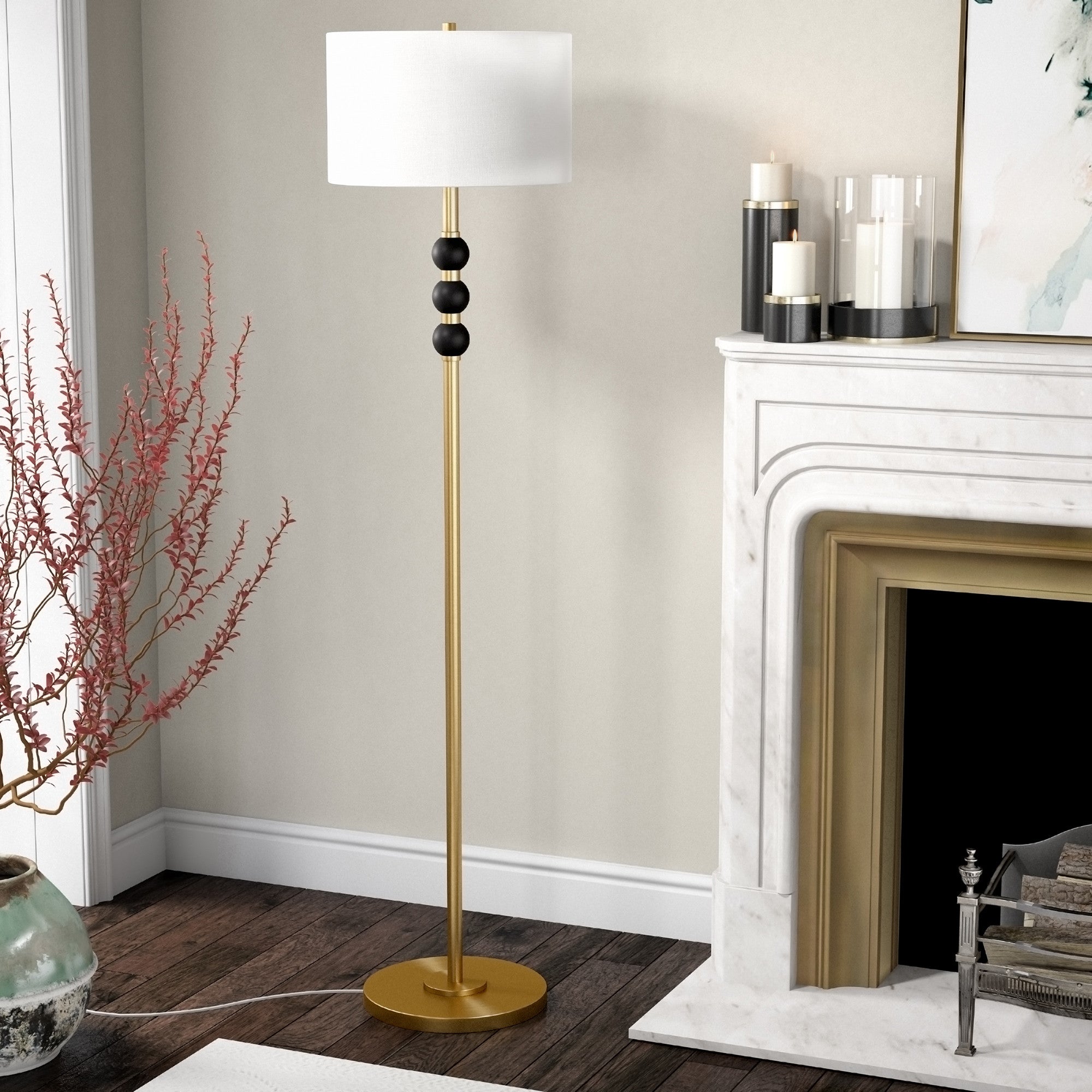 62" Black Traditional Shaped Floor Lamp With White Frosted Glass Drum Shade