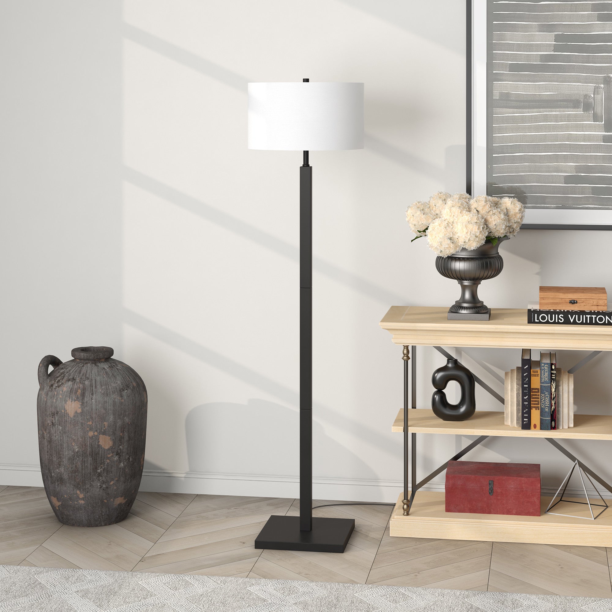 62" Black Traditional Shaped Floor Lamp With White Frosted Glass Drum Shade