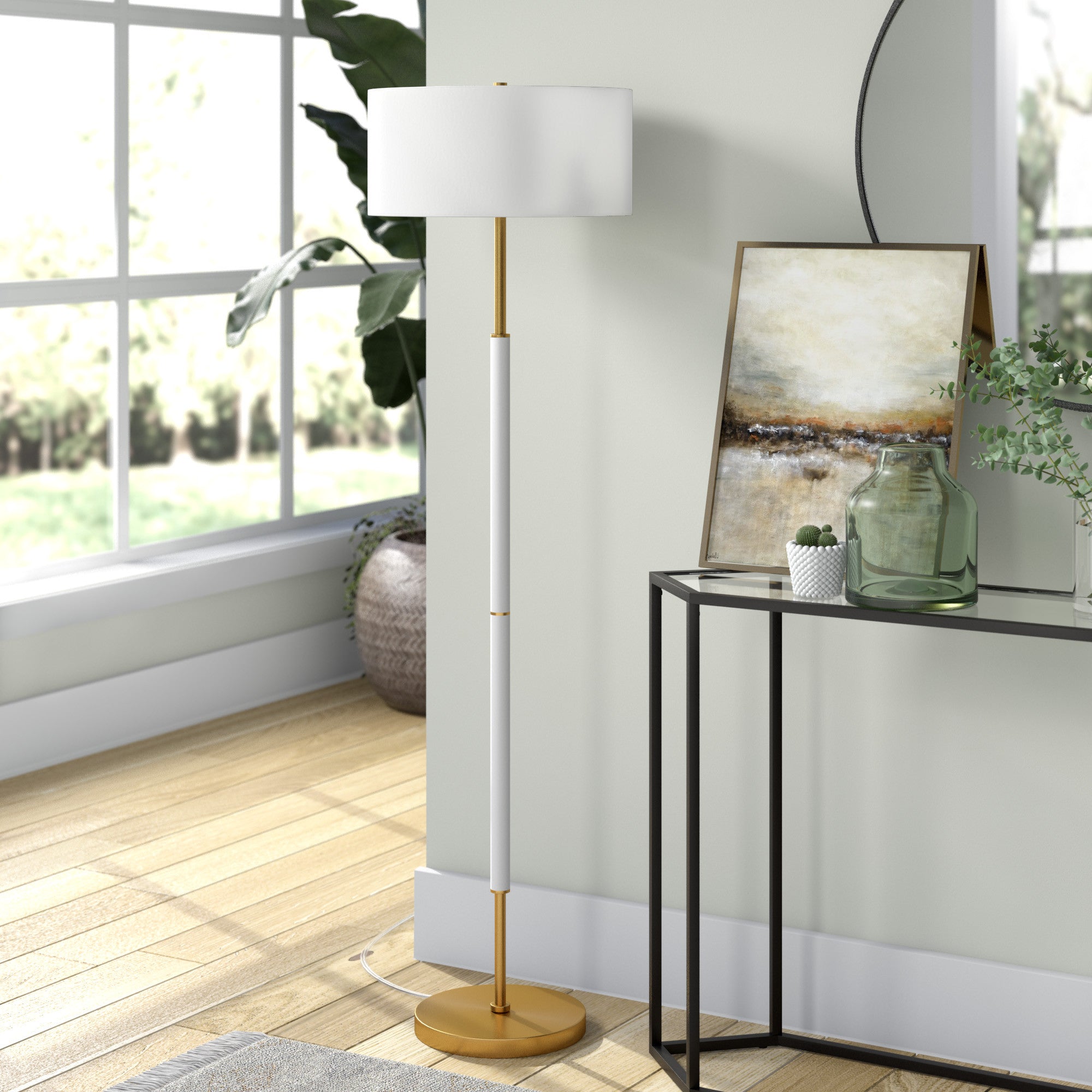 61" Brass Two Light Traditional Shaped Floor Lamp With White Frosted Glass Drum Shade