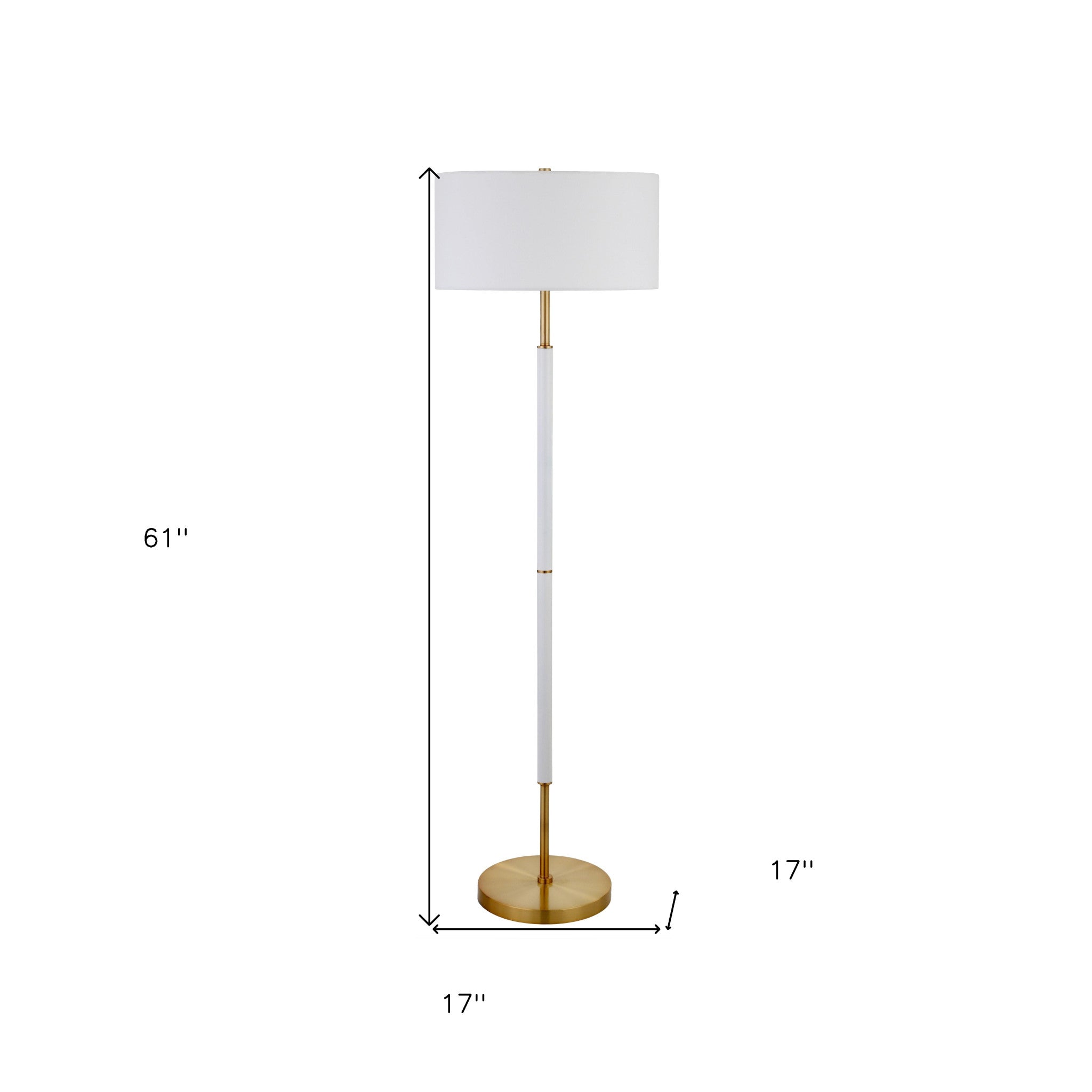 61" Brass Two Light Traditional Shaped Floor Lamp With White Frosted Glass Drum Shade