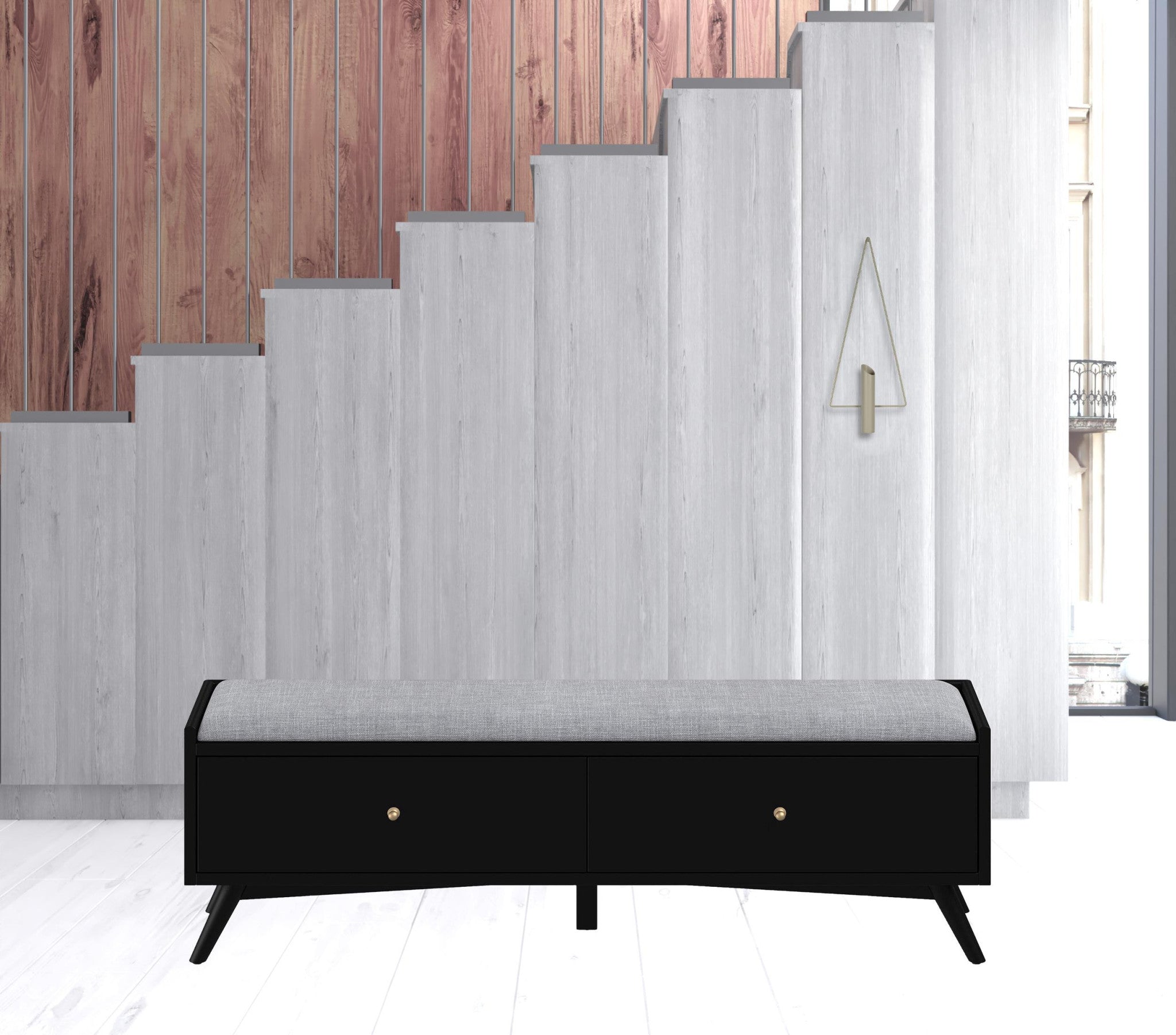 59" Gray And Black Upholstered Polyester Blend Solid Wood Bench With Drawers