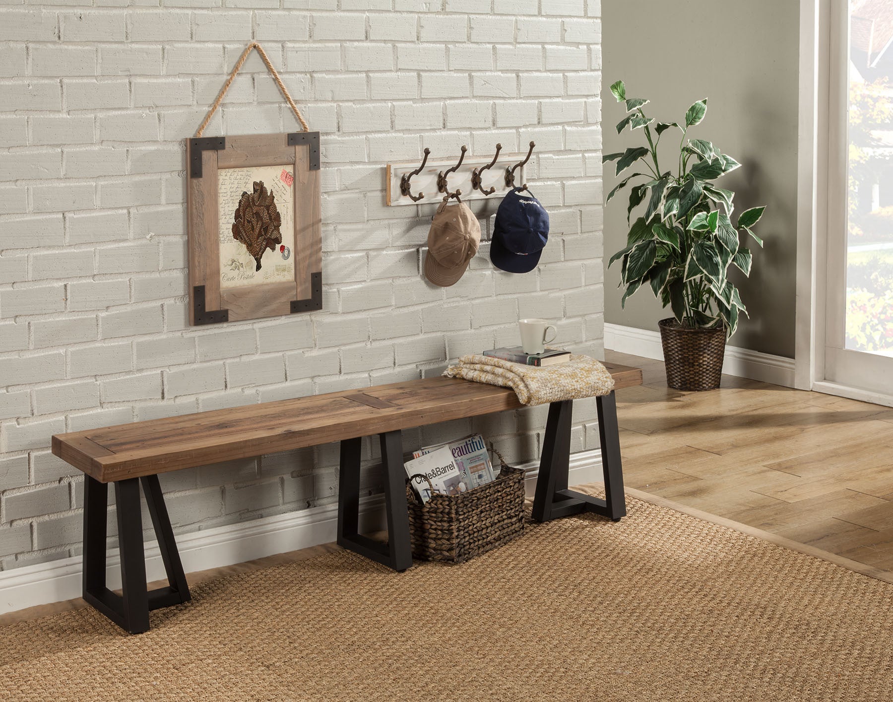 75" Natural And Black Distressed Solid Wood Dining bench