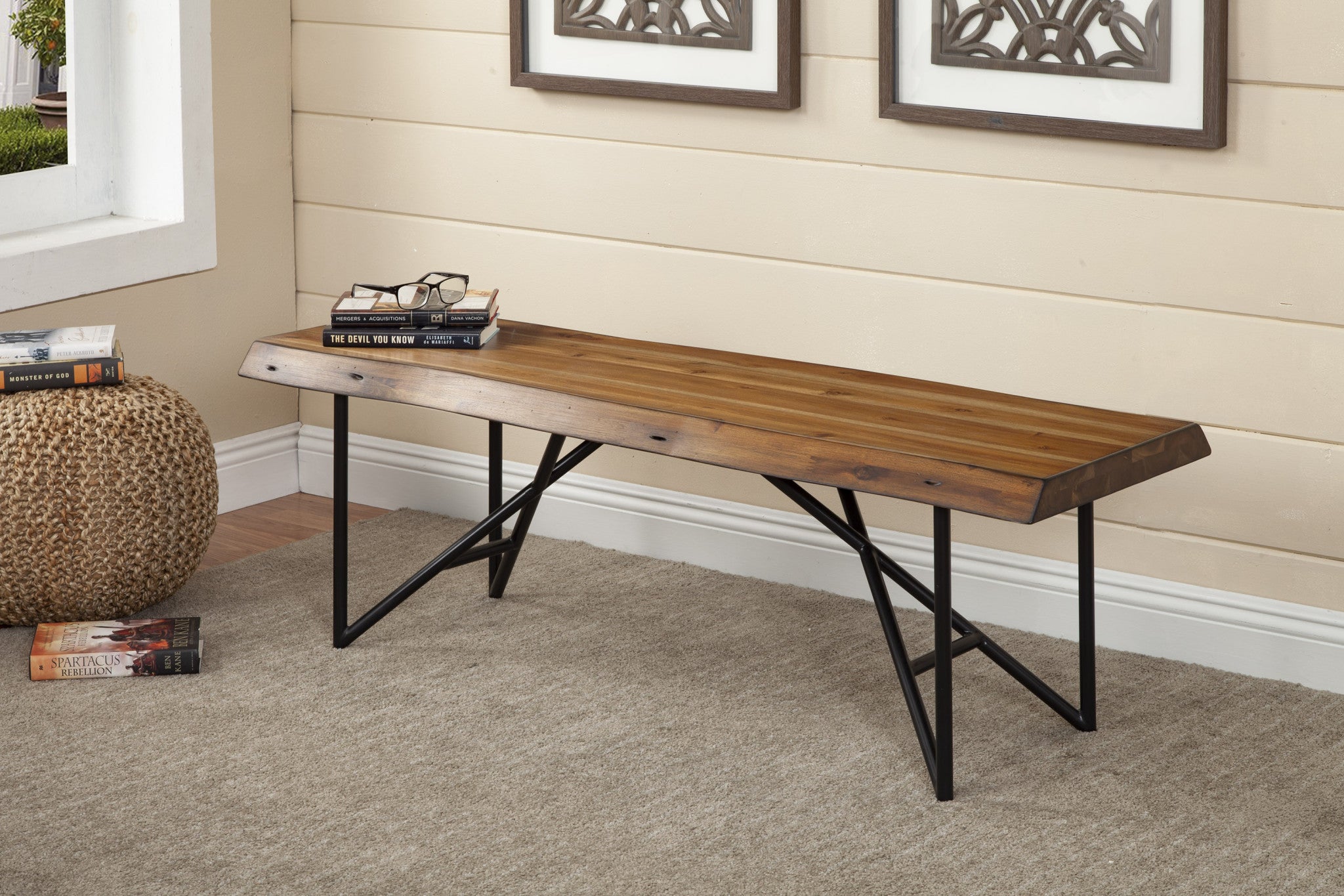 55" Brown And Black Live Edge Solid Wood Dining bench