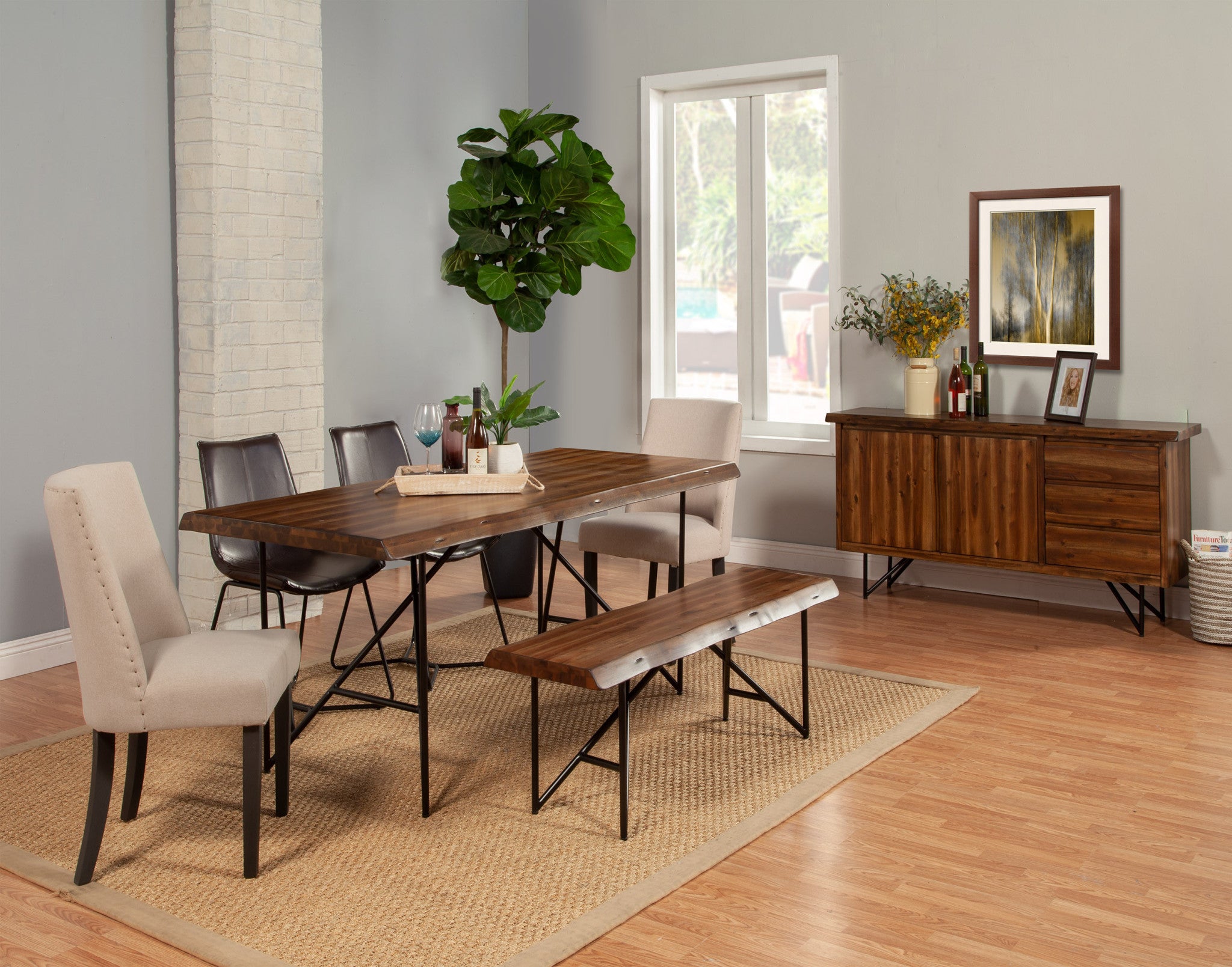 55" Brown And Black Live Edge Solid Wood Dining bench