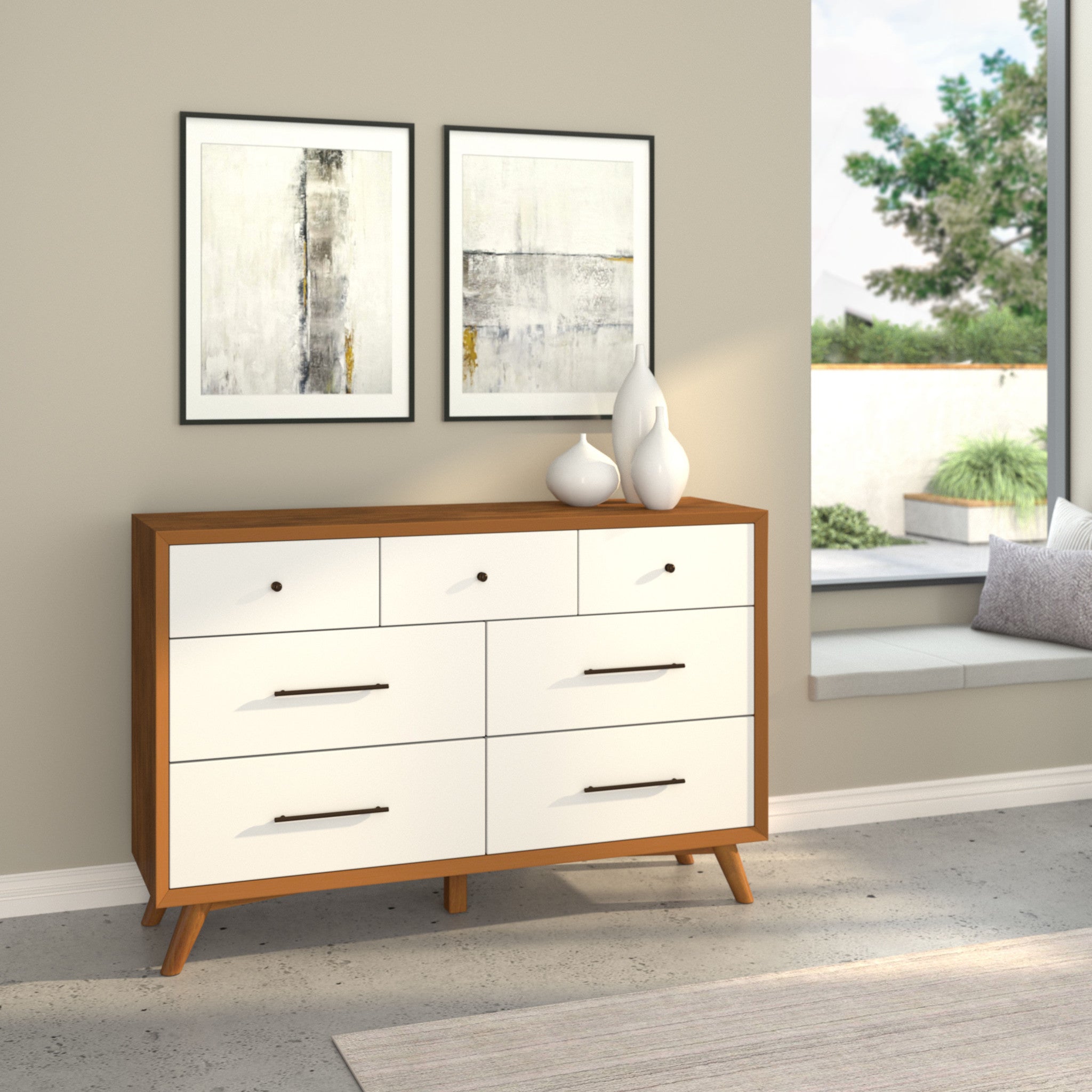 56" Brown and White Solid Wood Seven Drawer Double Dresser