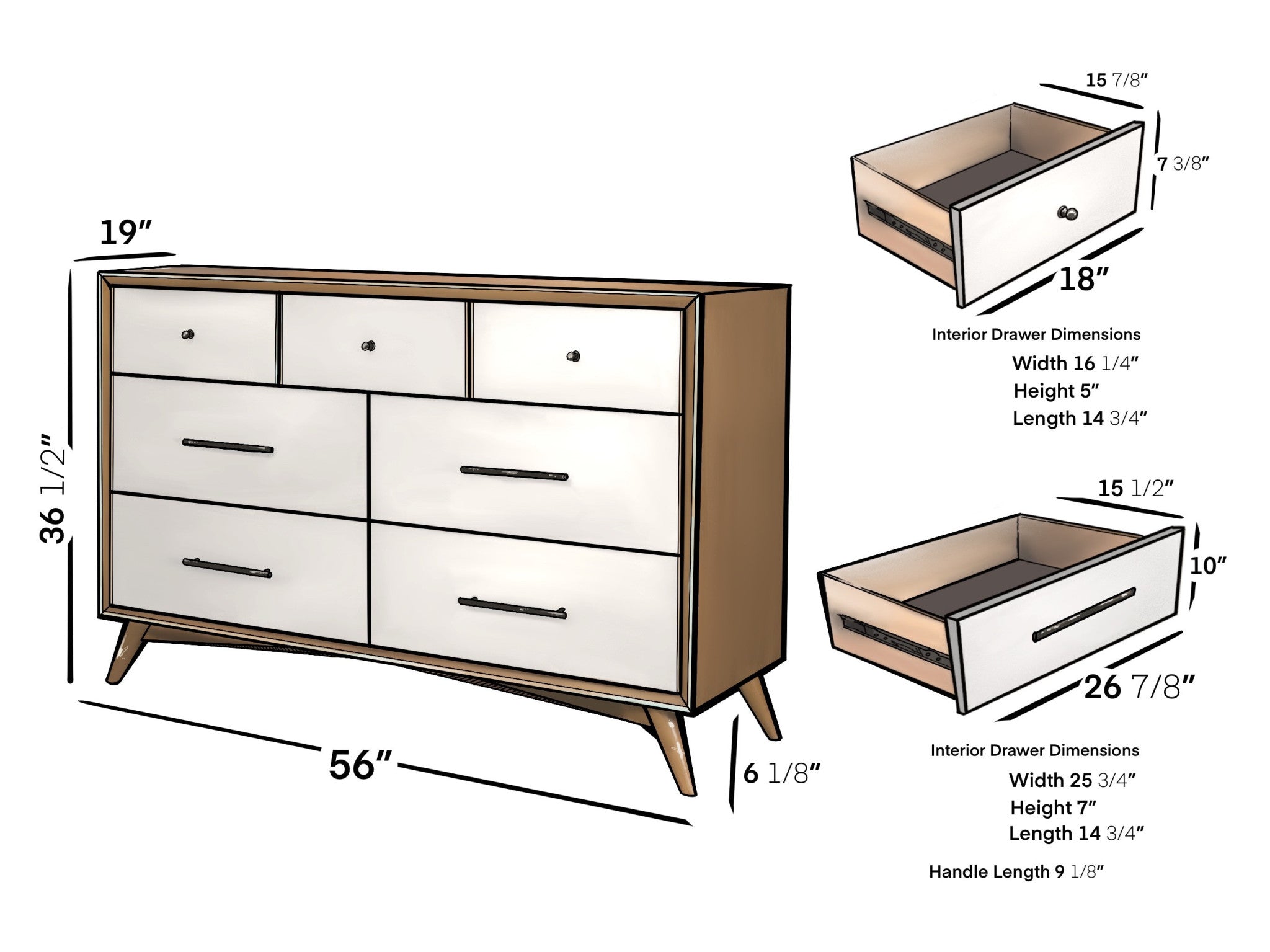 56" Brown and White Solid Wood Seven Drawer Double Dresser