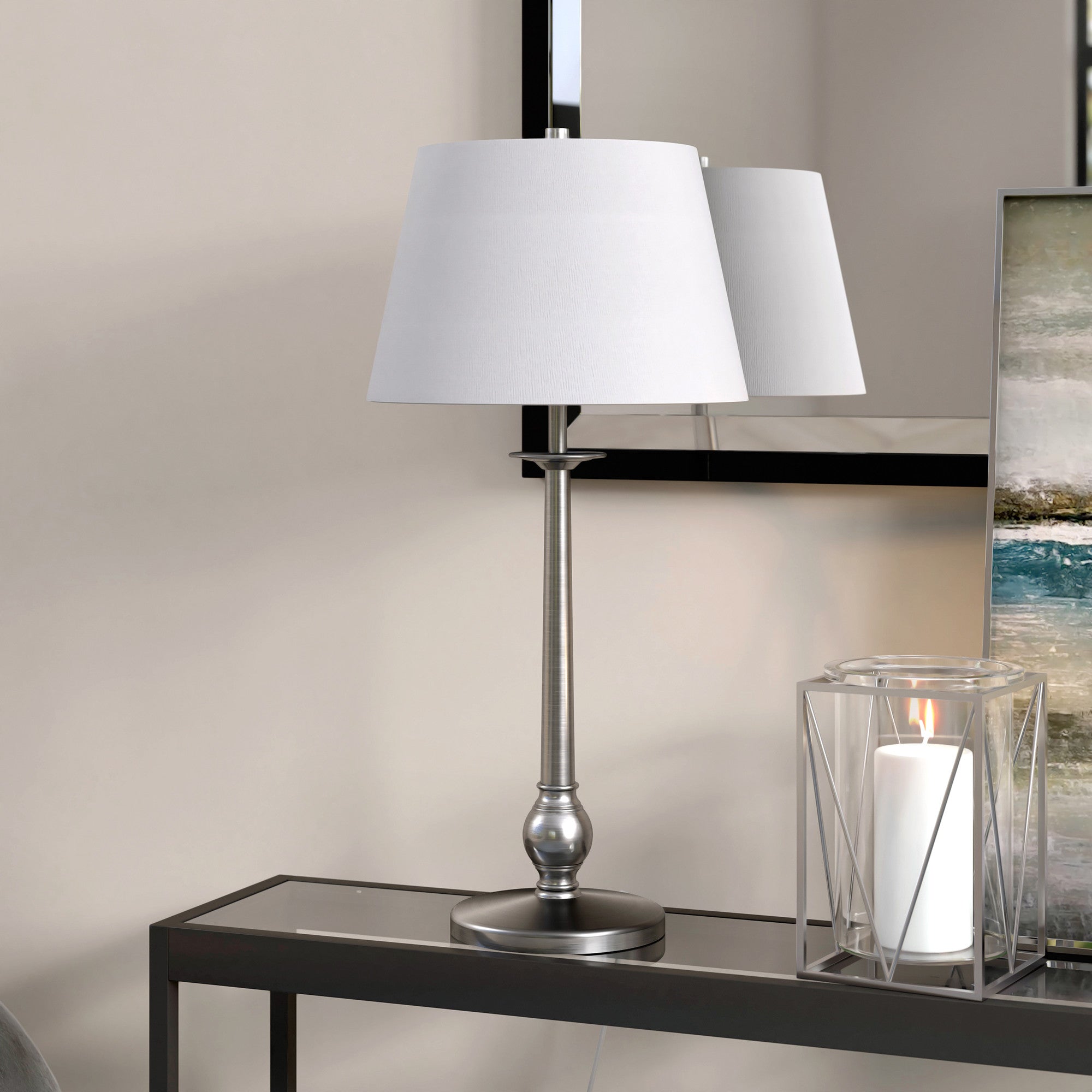 28" Nickel Metal Table Lamp With White Empire Shade