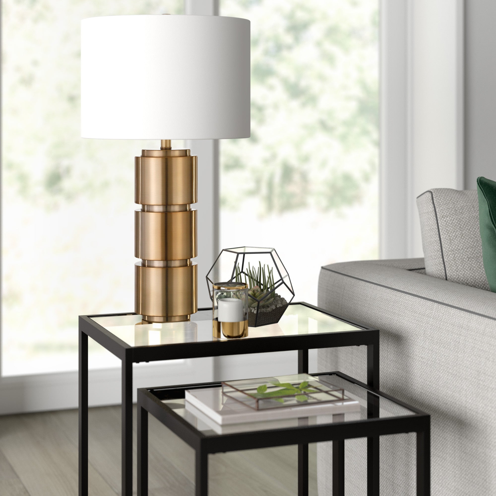 27" Brass Metal Table Lamp With White Drum Shade