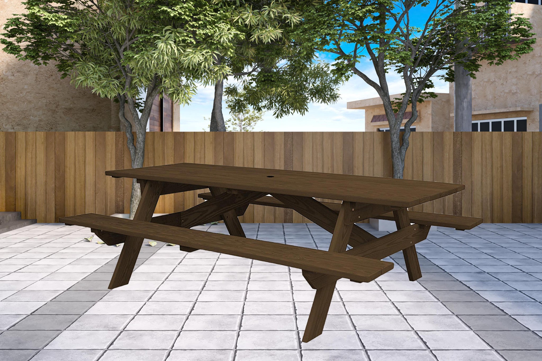 Dark Brown Solid Wood Outdoor Picnic Table Umbrella Hole