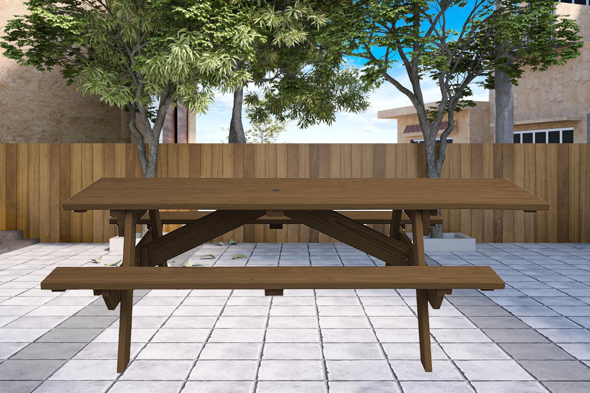 Wood Brown Solid Wood Outdoor Picnic Table Umbrella Hole