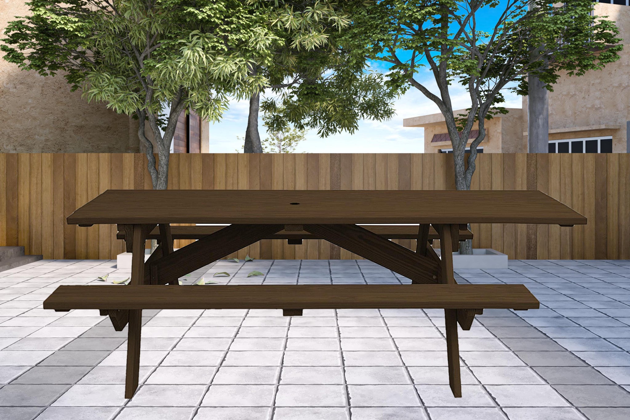 Dark Brown Solid Wood Outdoor Picnic Table Umbrella Hole