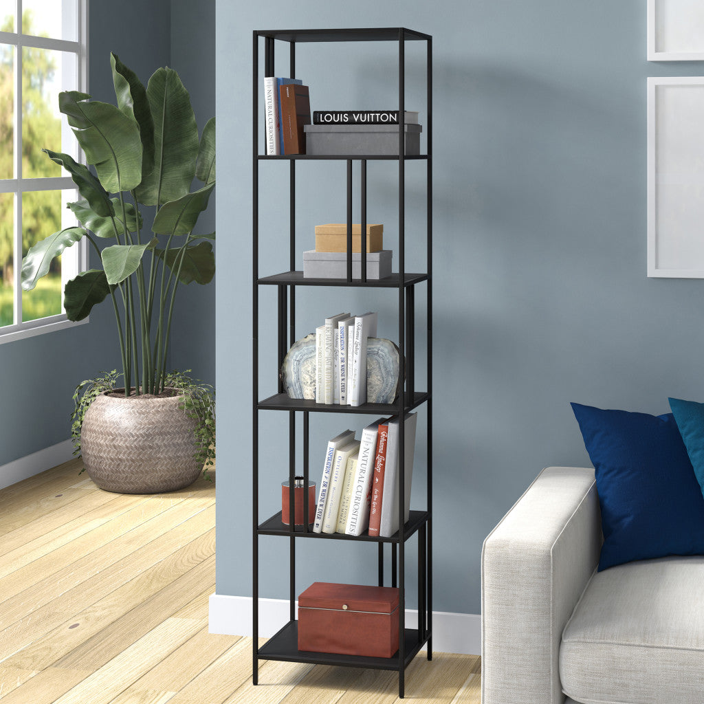 76" Black Metal Five Tier Etagere Bookcase