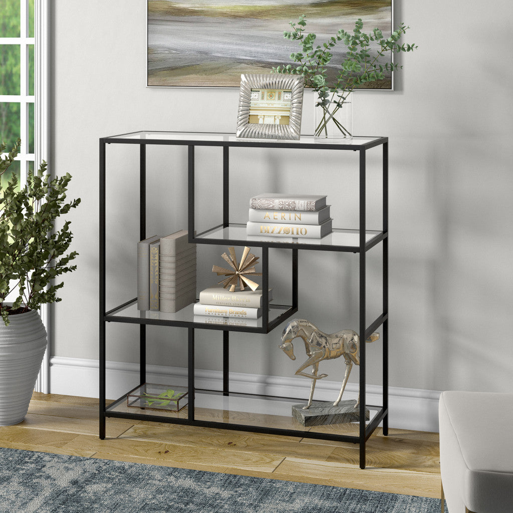 40" Black Metal And Glass Four Tier Etagere Bookcase