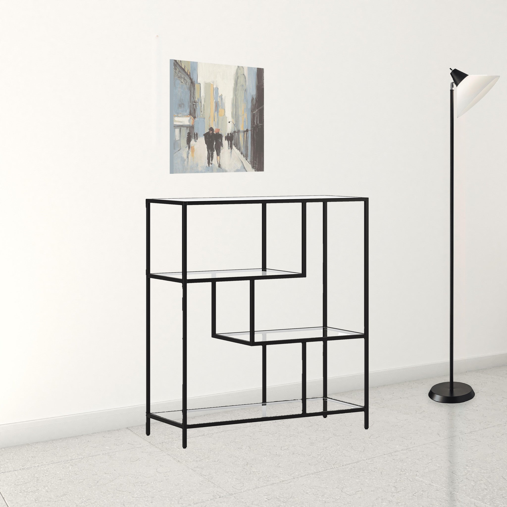 40" Black Metal And Glass Four Tier Etagere Bookcase