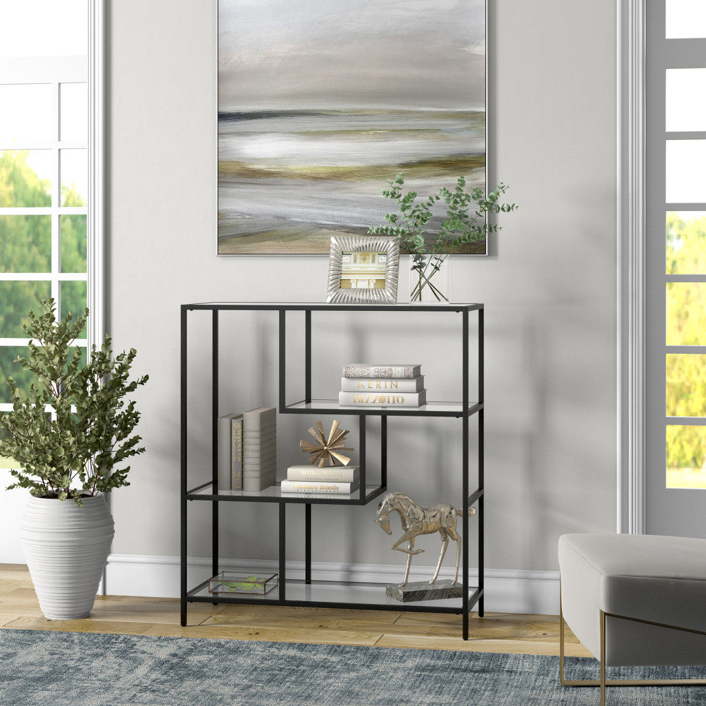 40" Black Metal And Glass Four Tier Etagere Bookcase