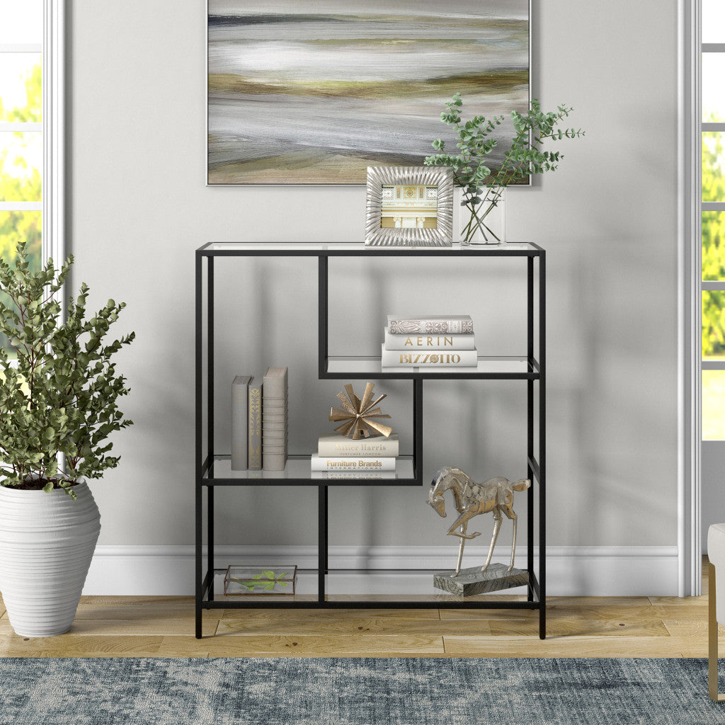 40" Black Metal And Glass Four Tier Etagere Bookcase