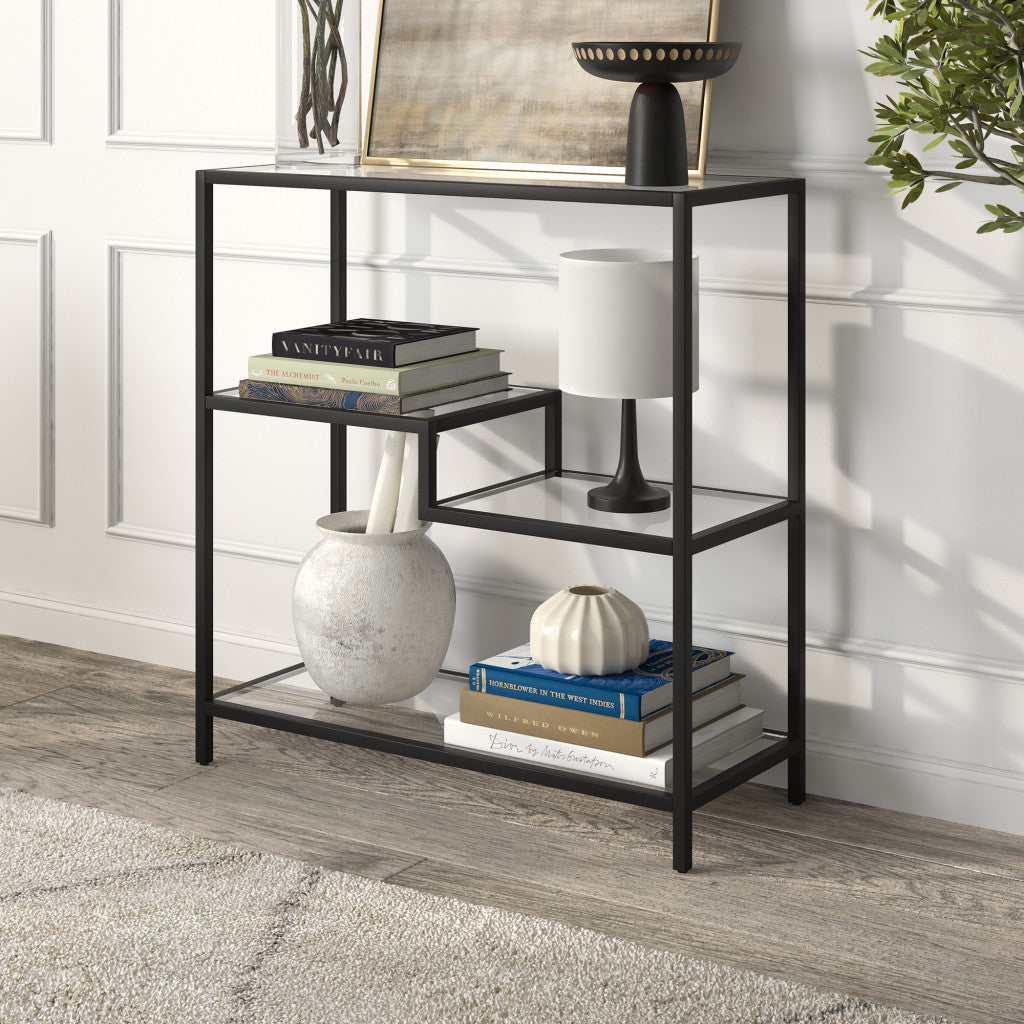 36" Black Metal And Glass Four Tier Etagere Bookcase