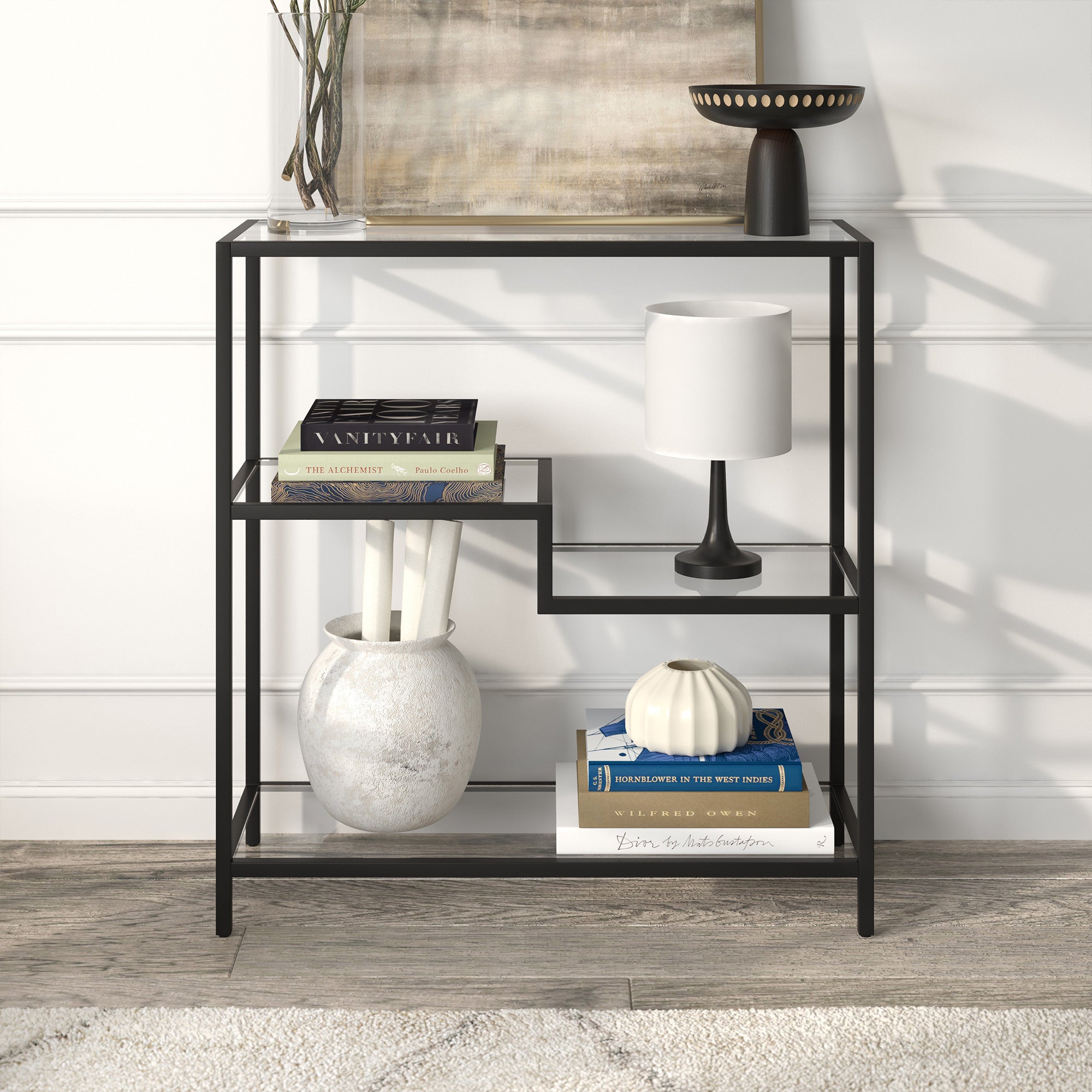 36" Black Metal And Glass Four Tier Etagere Bookcase