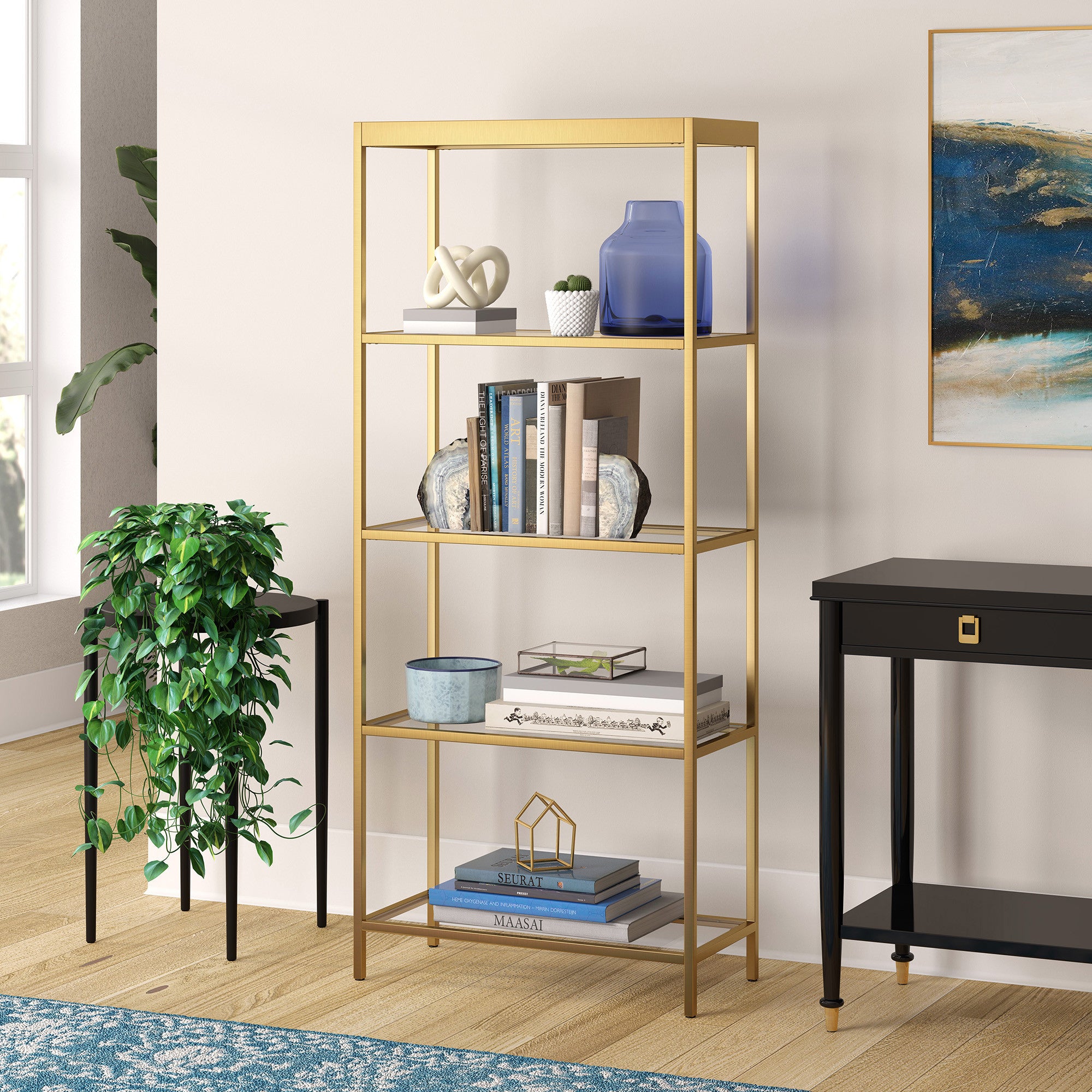 70" Gold Metal And Glass Four Tier Etagere Bookcase