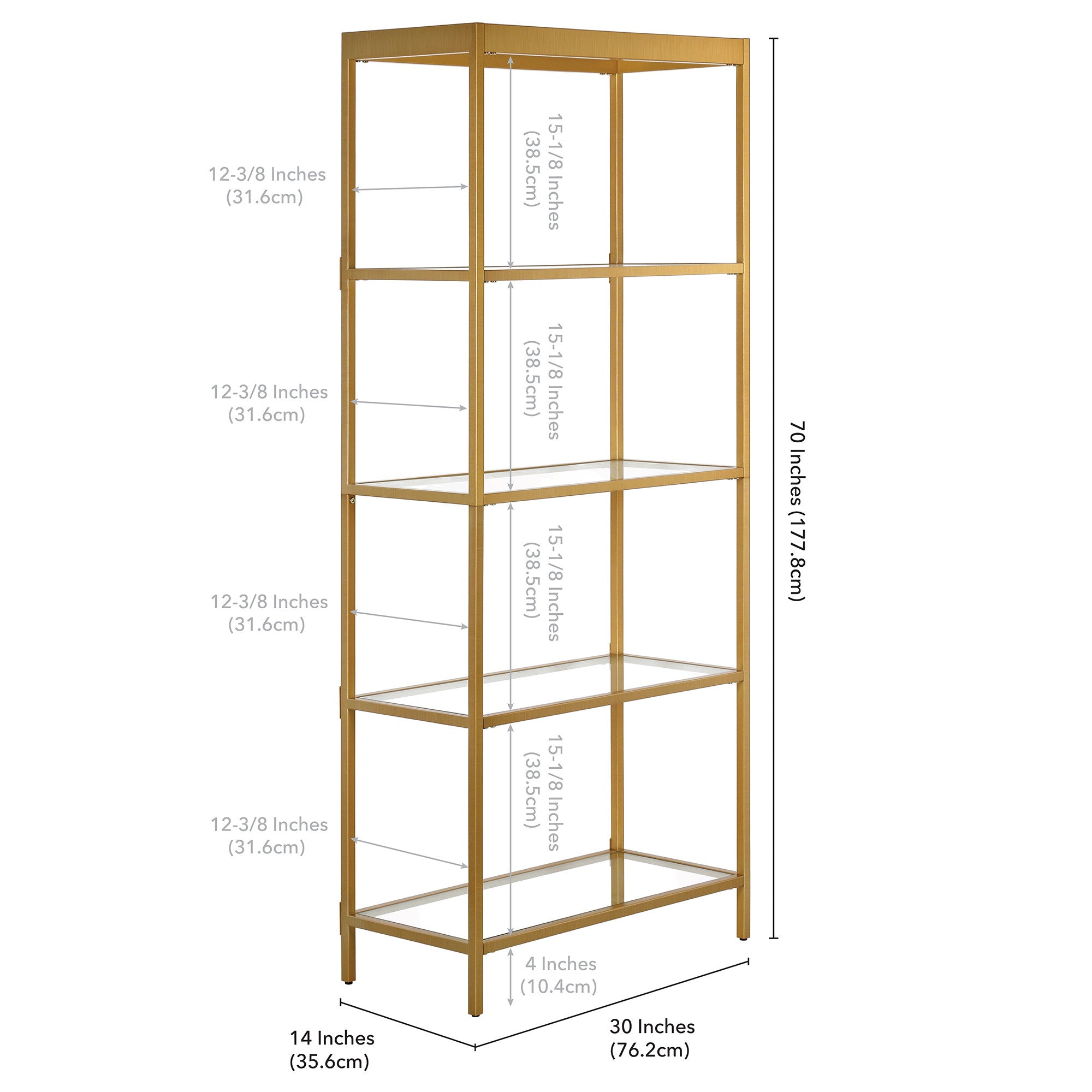 70" Gold Metal And Glass Four Tier Etagere Bookcase