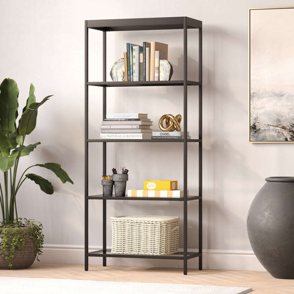 70" Black Metal And Glass Four Tier Etagere Bookcase