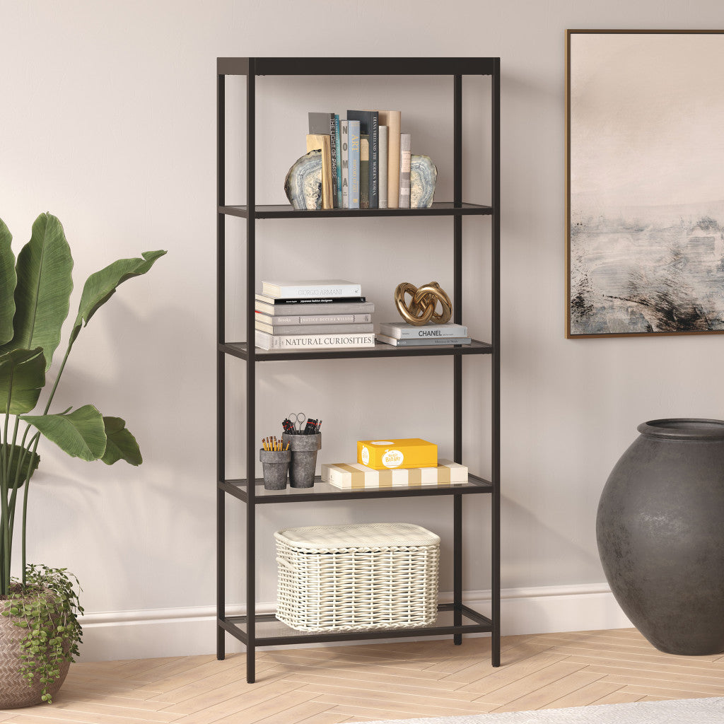 70" Black Metal And Glass Four Tier Etagere Bookcase