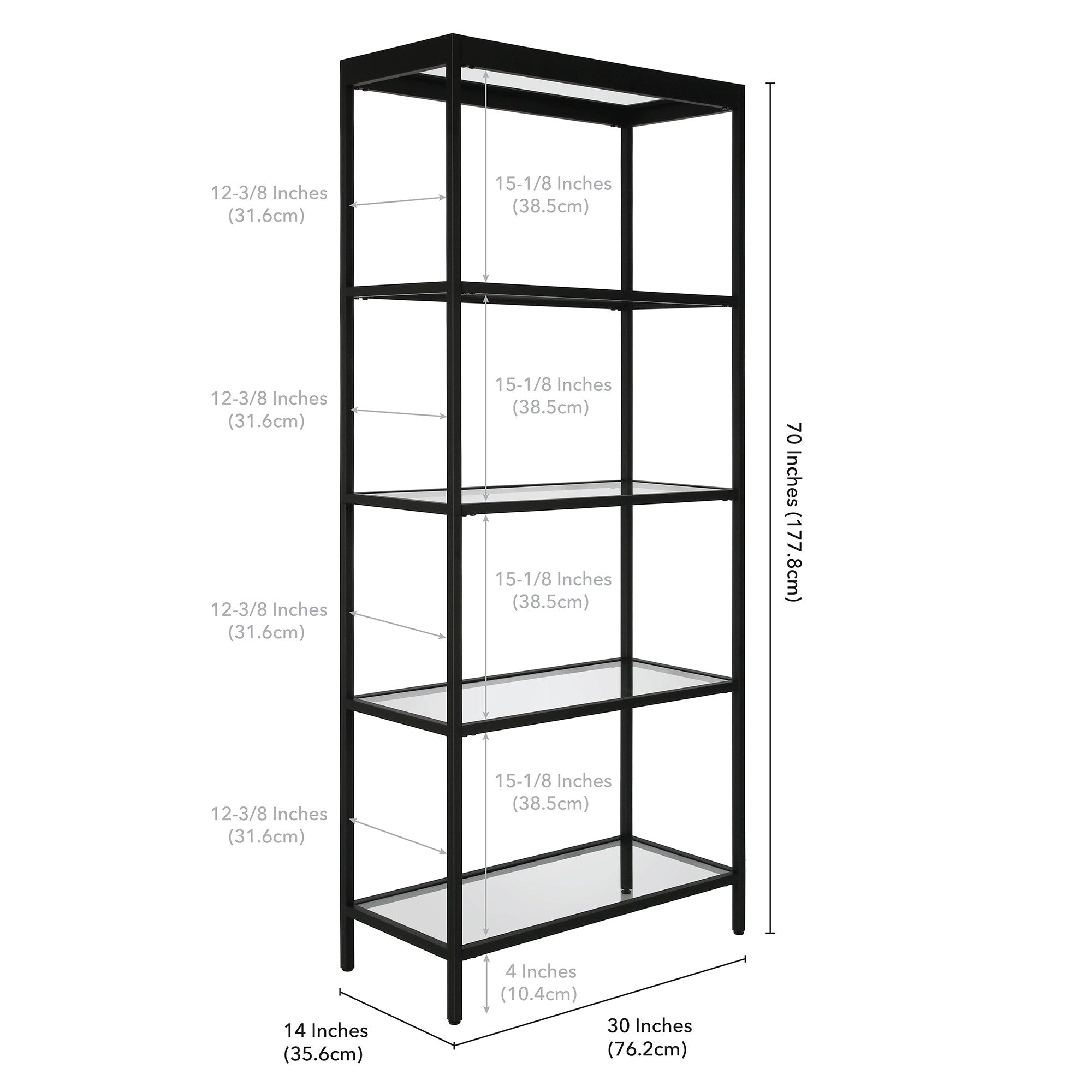 70" Black Metal And Glass Four Tier Etagere Bookcase