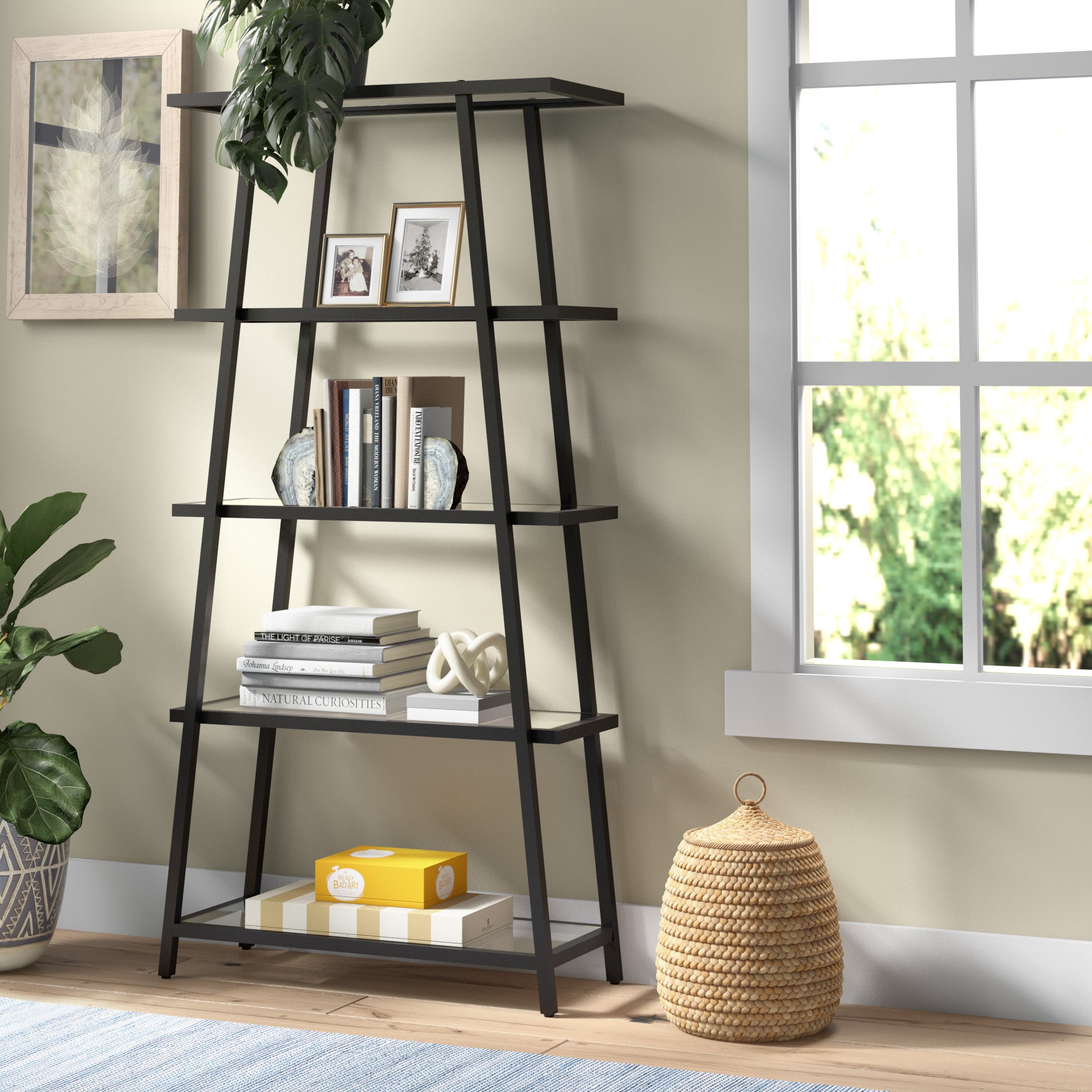 70" Black Metal And Glass Five Tier Etagere Bookcase