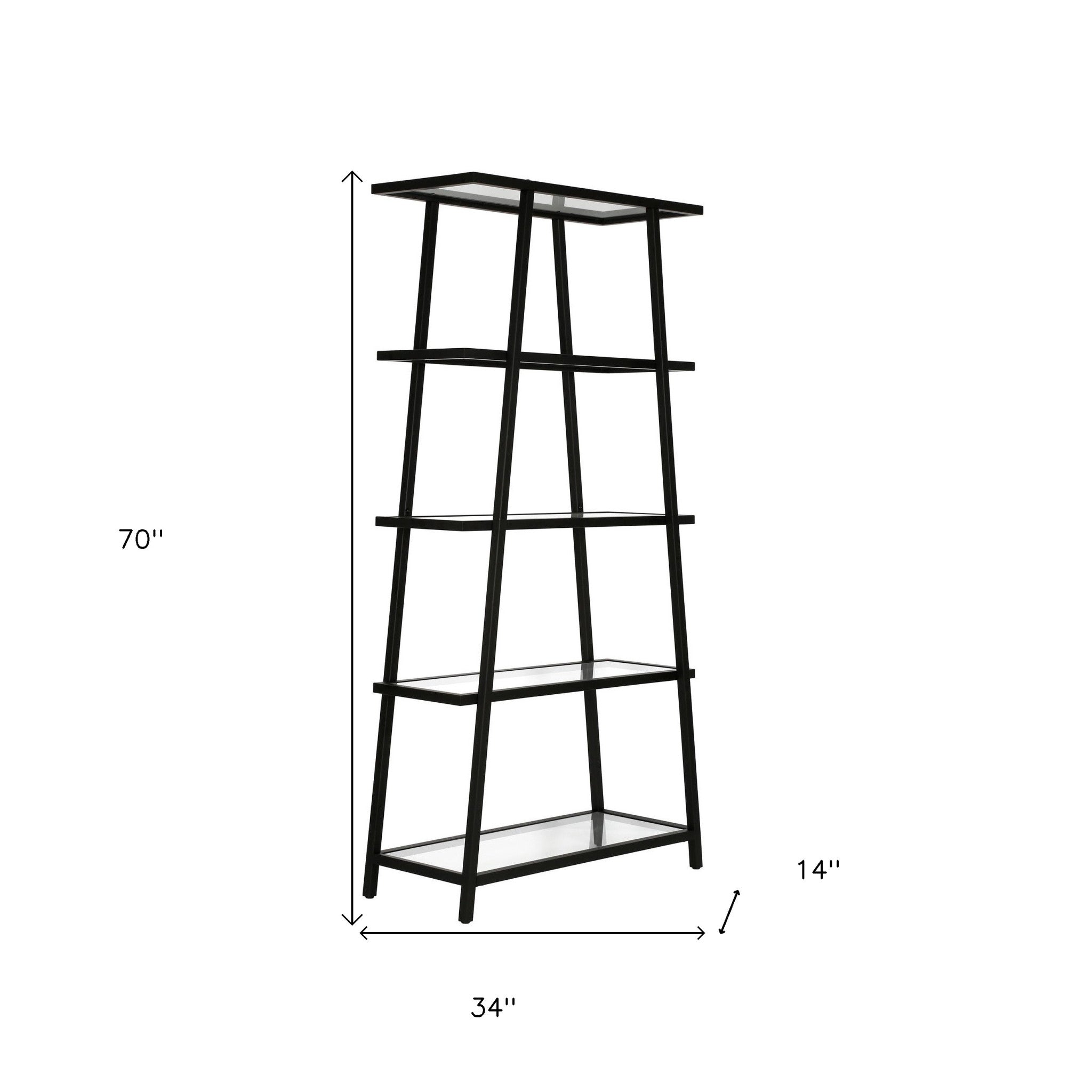 70" Black Metal And Glass Five Tier Etagere Bookcase