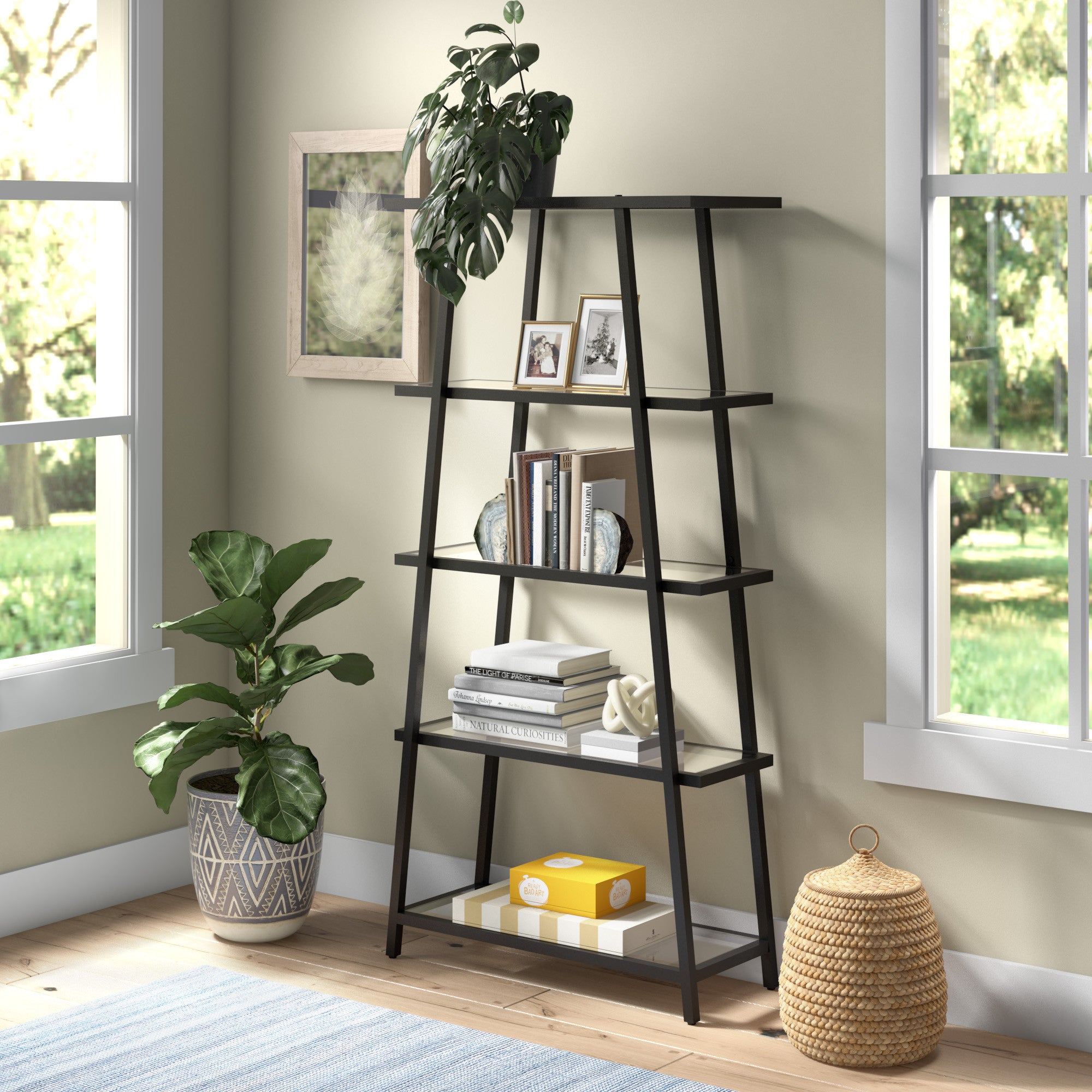 70" Black Metal And Glass Five Tier Etagere Bookcase