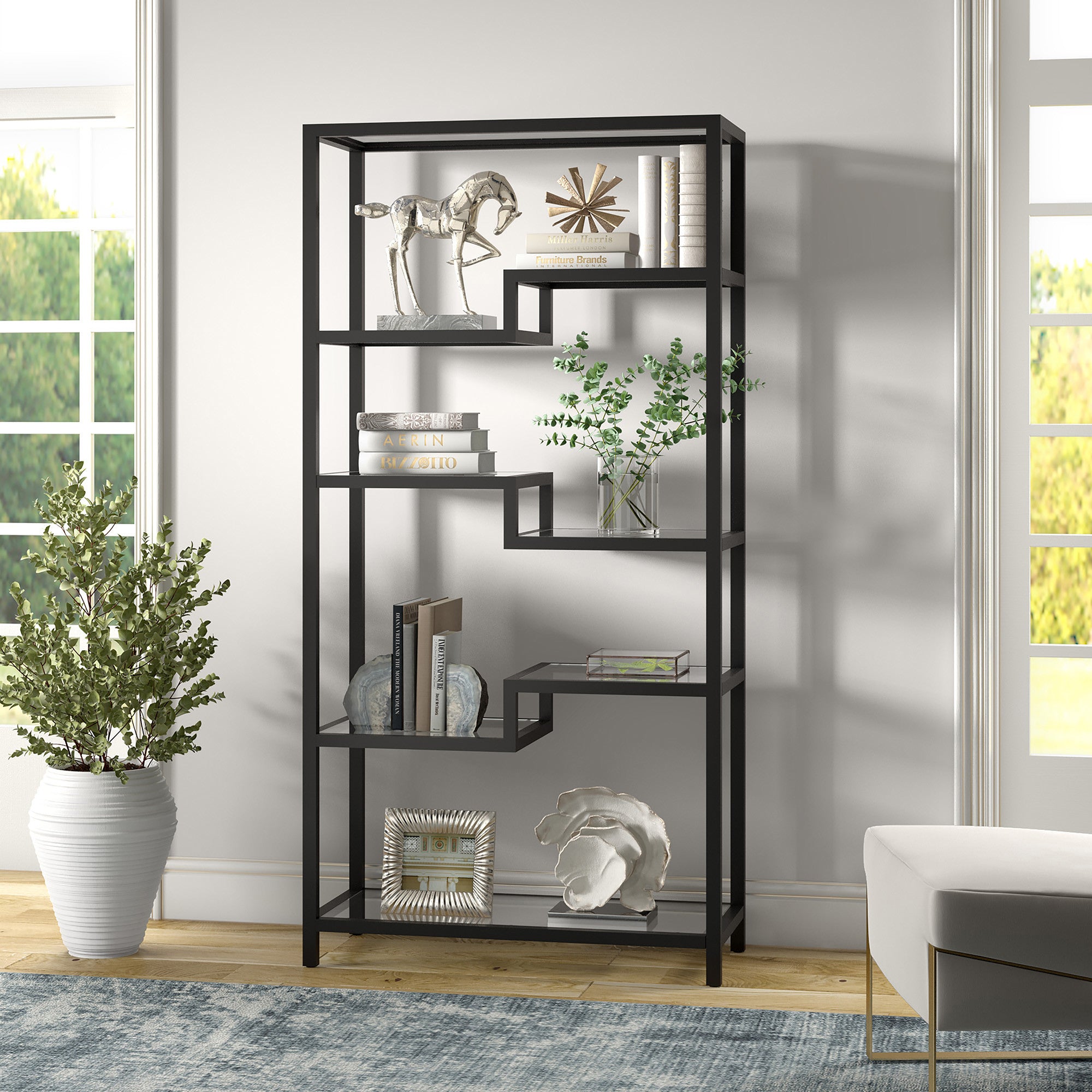 68" Black Metal And Glass Seven Tier Etagere Bookcase