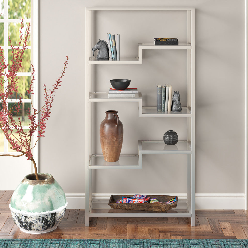 68" Silver Metal And Glass Seven Tier Etagere Bookcase