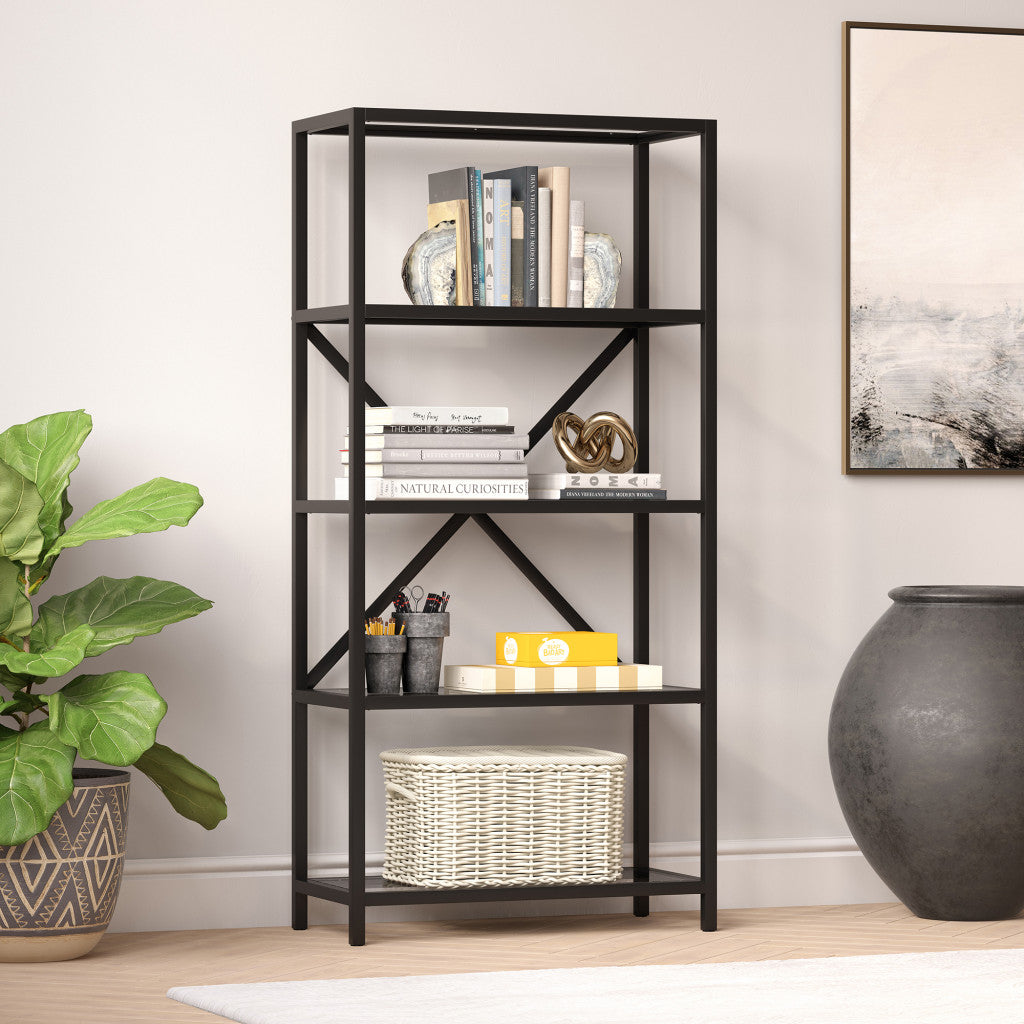 63" Black Metal And Glass Five Tier Etagere Bookcase