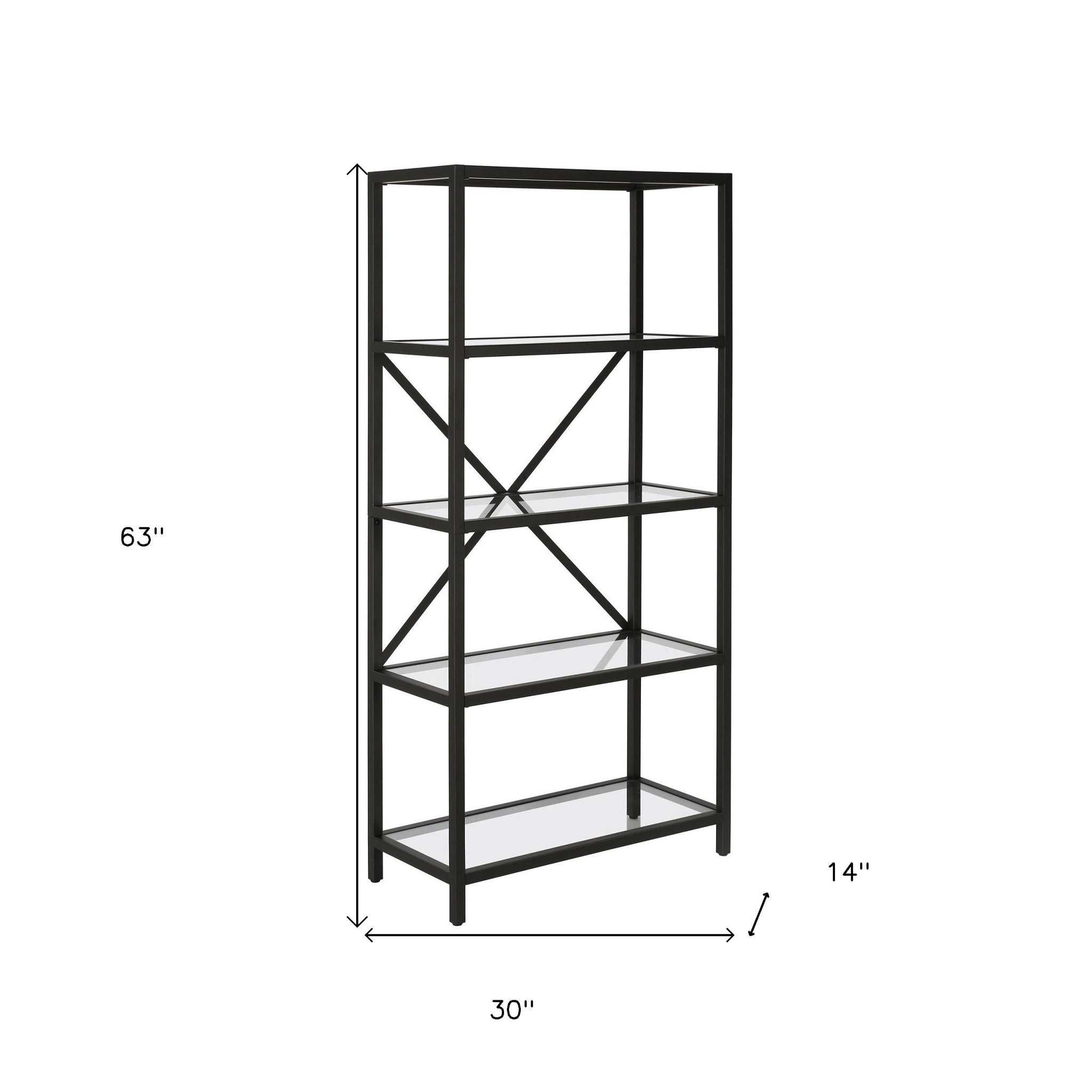 63" Black Metal And Glass Five Tier Etagere Bookcase