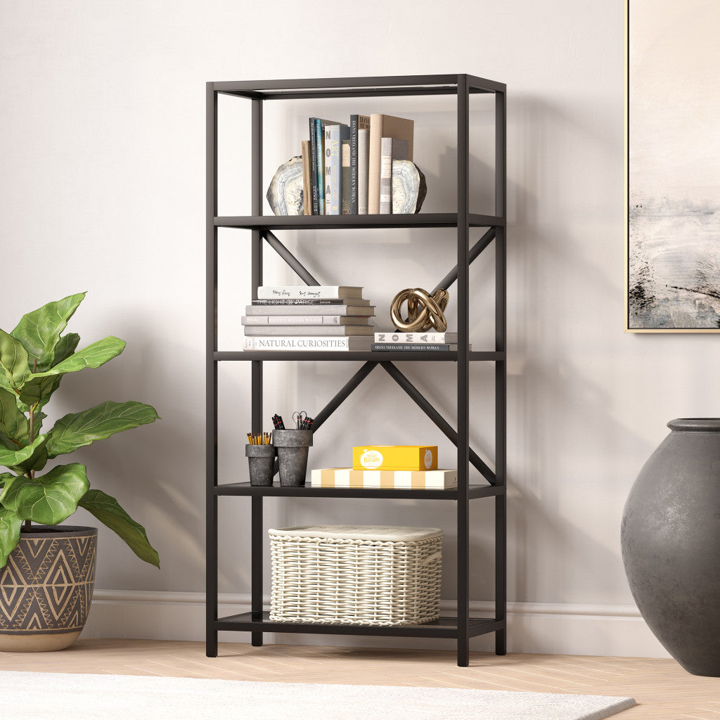 63" Black Metal And Glass Five Tier Etagere Bookcase