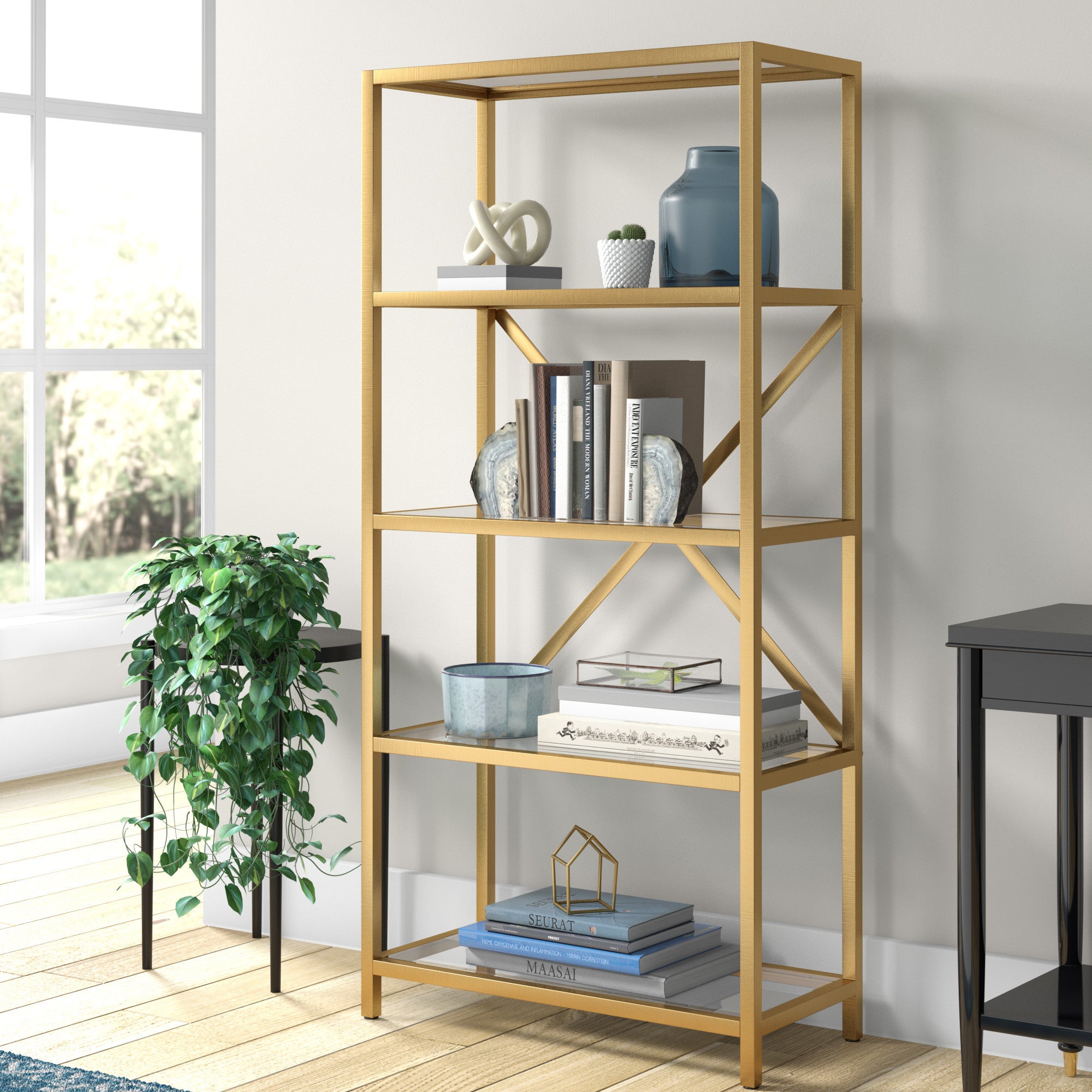 63" Gold Metal And Glass Five Tier Etagere Bookcase