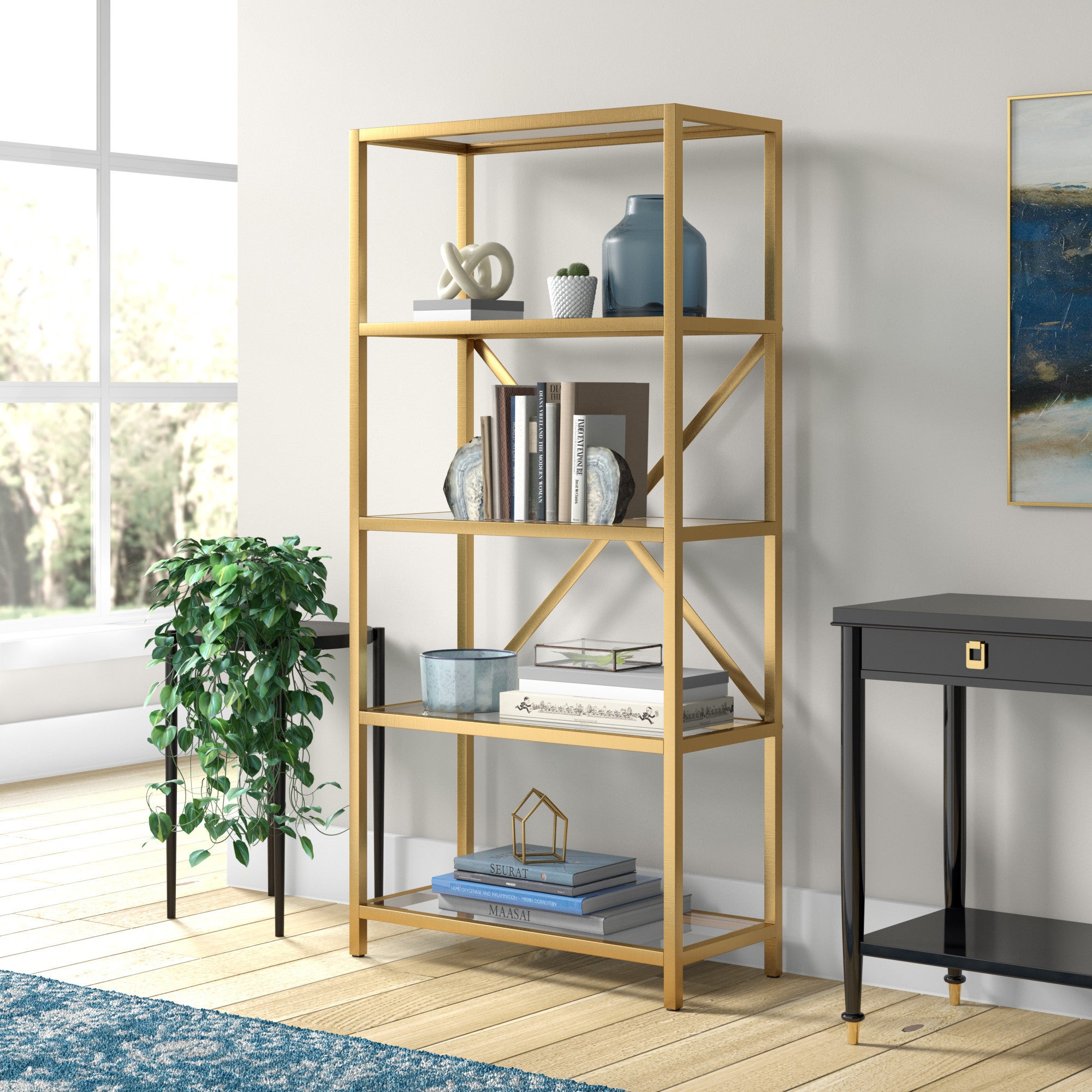 63" Gold Metal And Glass Five Tier Etagere Bookcase