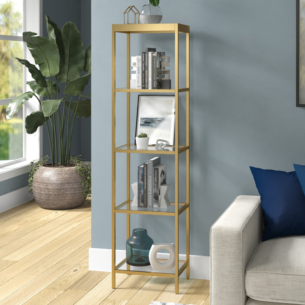 70" Gold Metal And Glass Four Tier Standard Bookcase