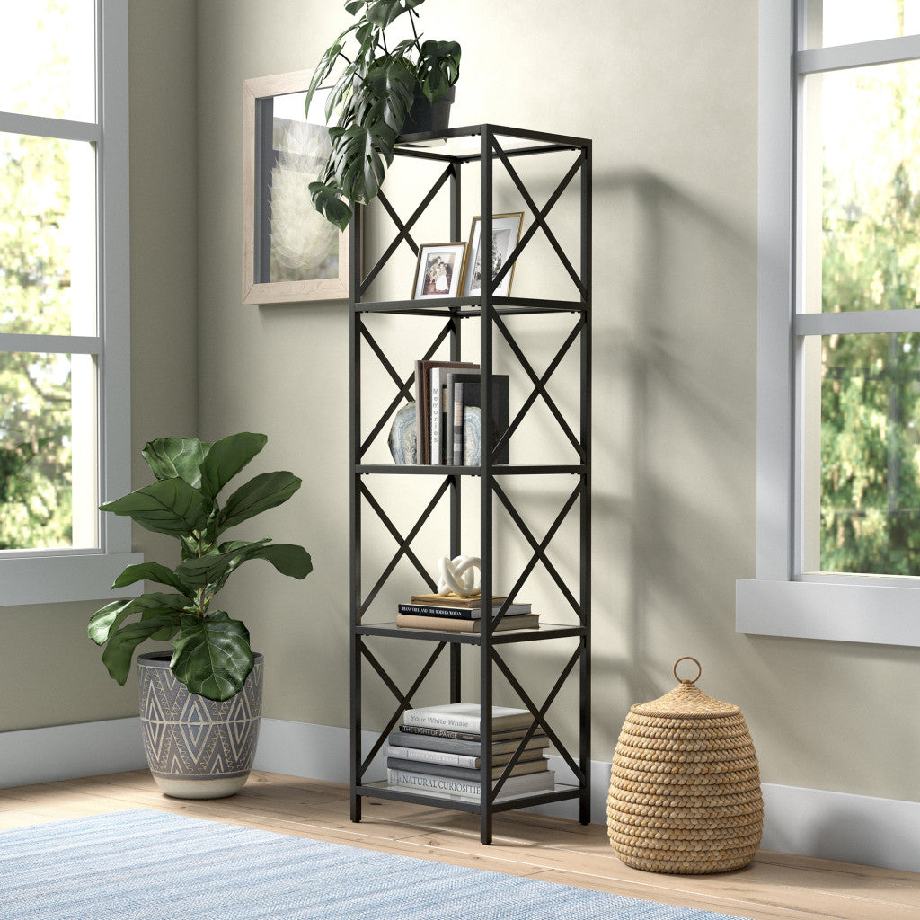 66" Black Metal And Glass Four Tier Etagere Bookcase