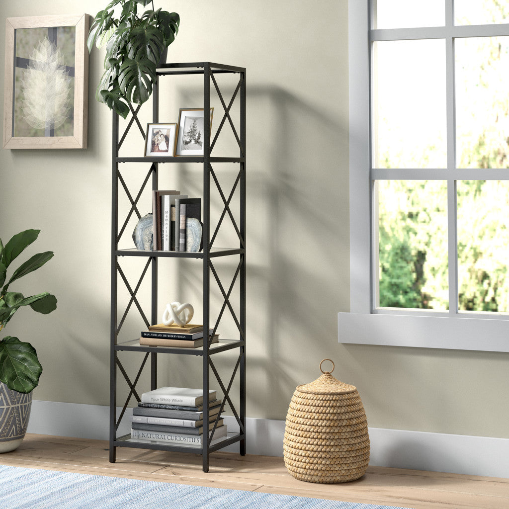 66" Black Metal And Glass Four Tier Etagere Bookcase