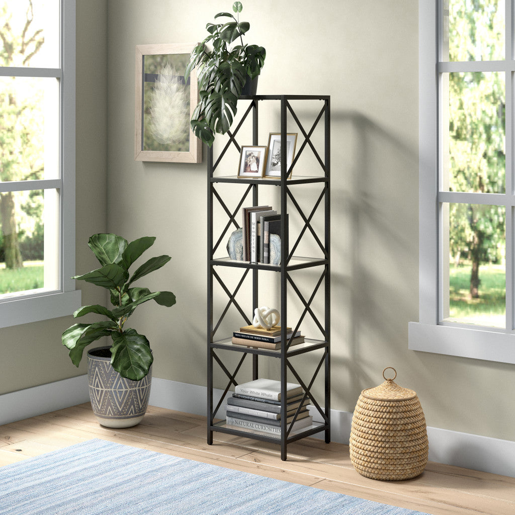 66" Black Metal And Glass Four Tier Etagere Bookcase