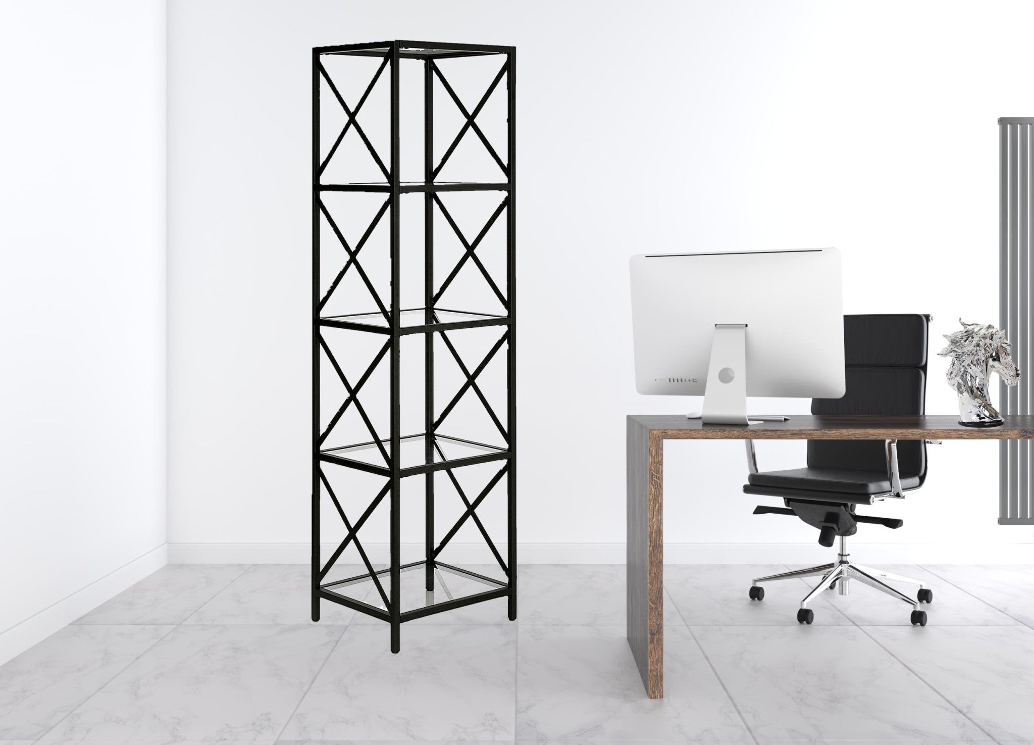 66" Black Metal And Glass Four Tier Etagere Bookcase